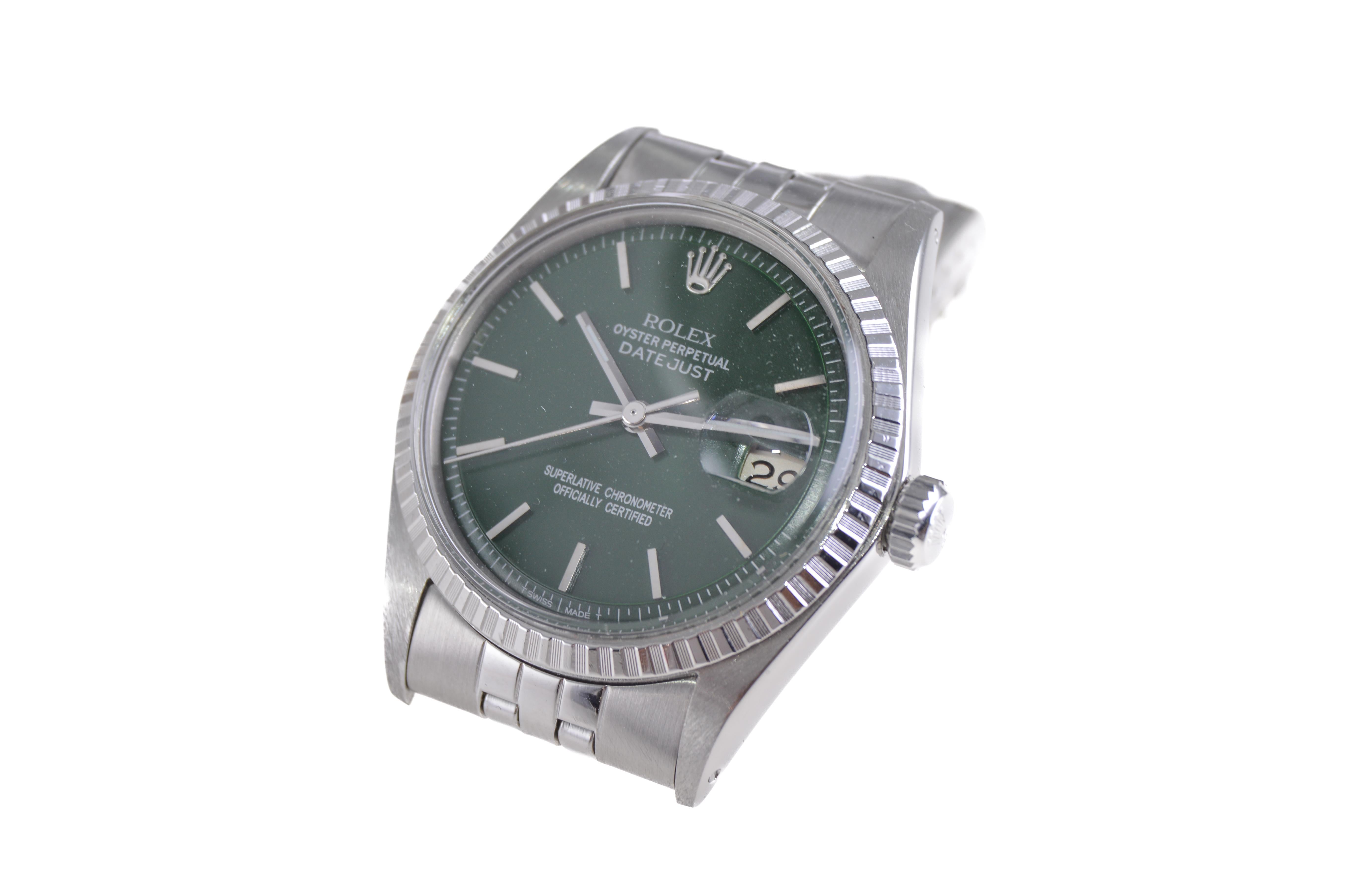Women's or Men's Rolex Stainless Steel Datejust with Custom Finished Green Dial, 1960s For Sale