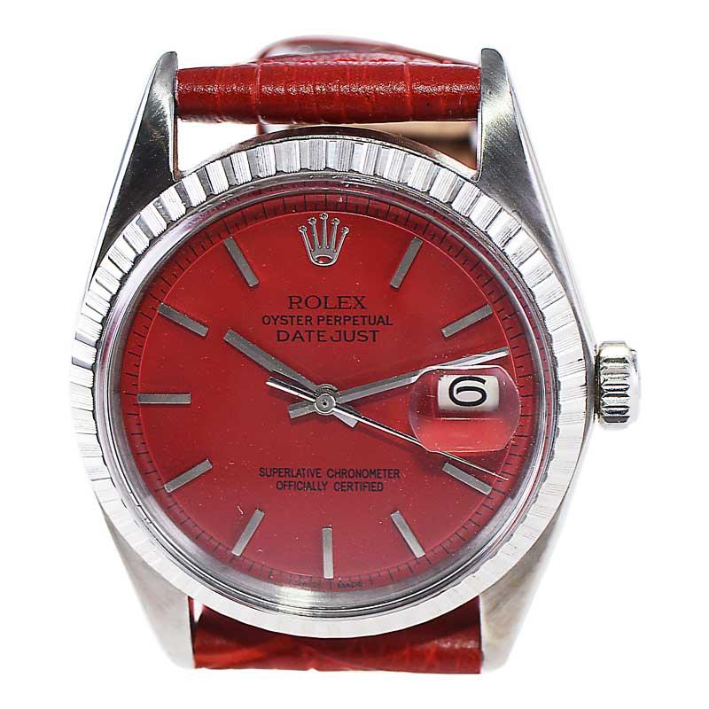 Women's or Men's Rolex Stainless Steel Datejust with Custom Finished Red Dial from 1960's For Sale