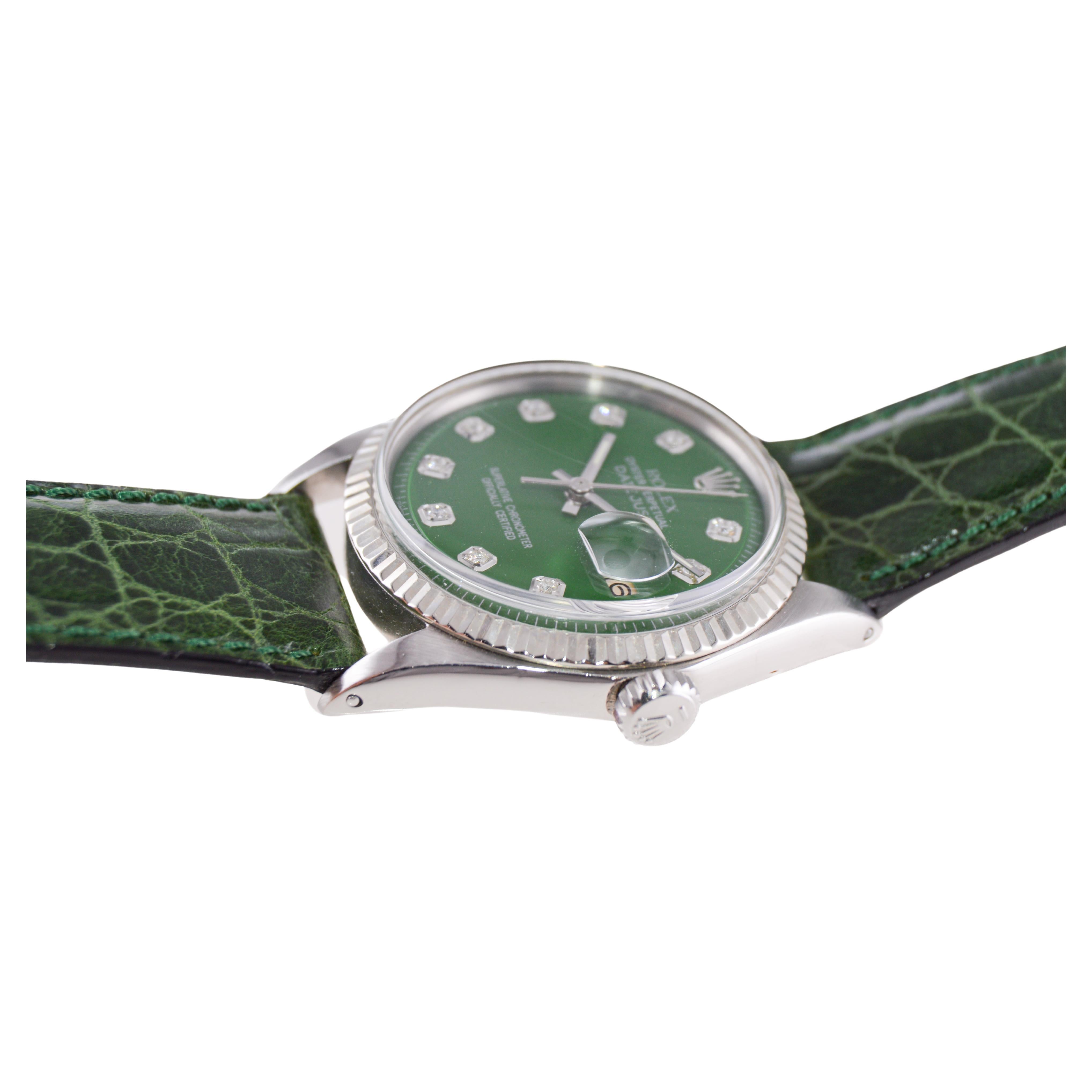 Rolex Datejust avec cadran vert personnalisé et index en diamants, années 1960 en vente 4