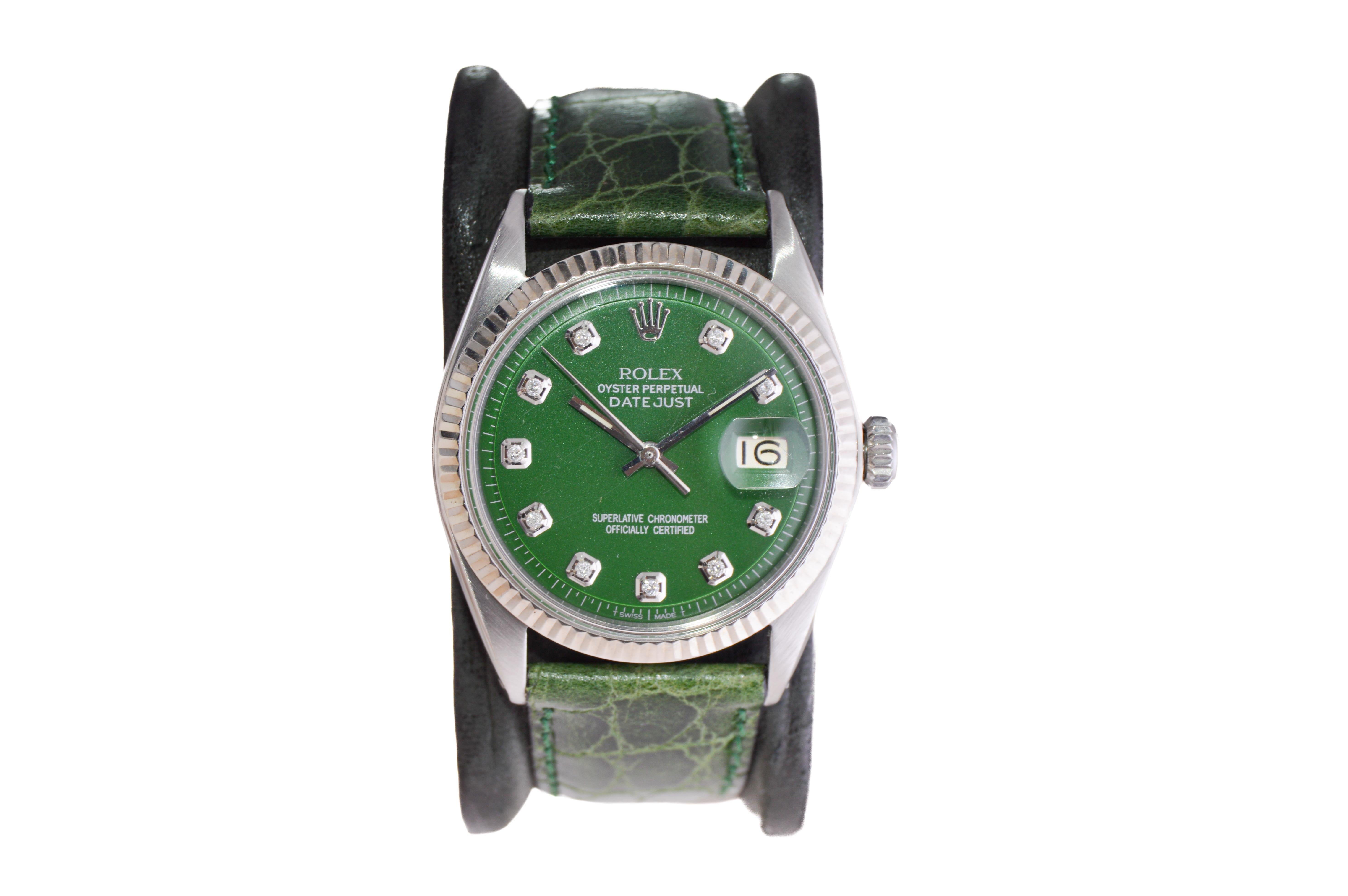 Rolex Stainless Steel Datejust with Custom Green Dial and Diamond Markers 1960's For Sale 5