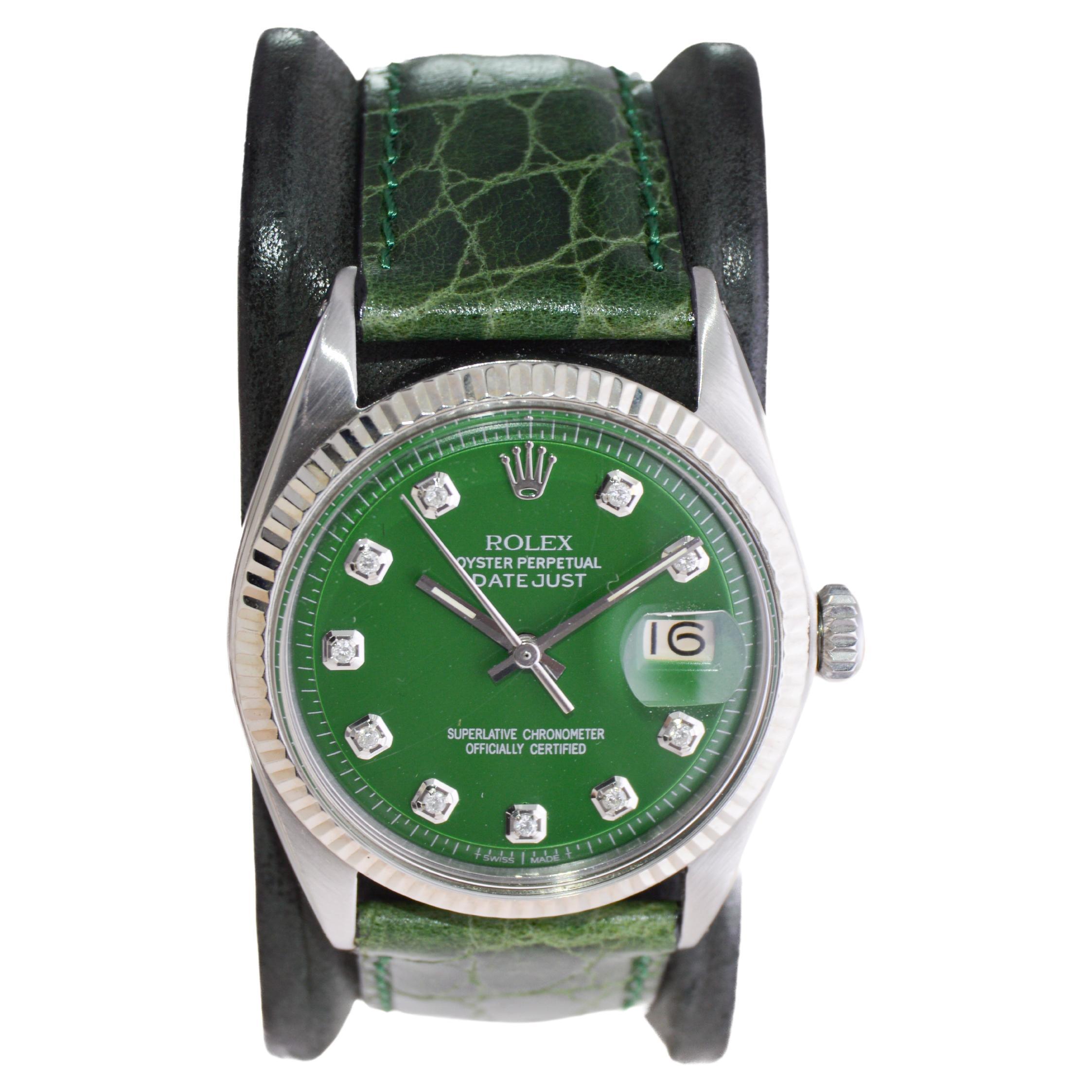 Modern Rolex Stainless Steel Datejust with Custom Green Dial and Diamond Markers 1960's For Sale