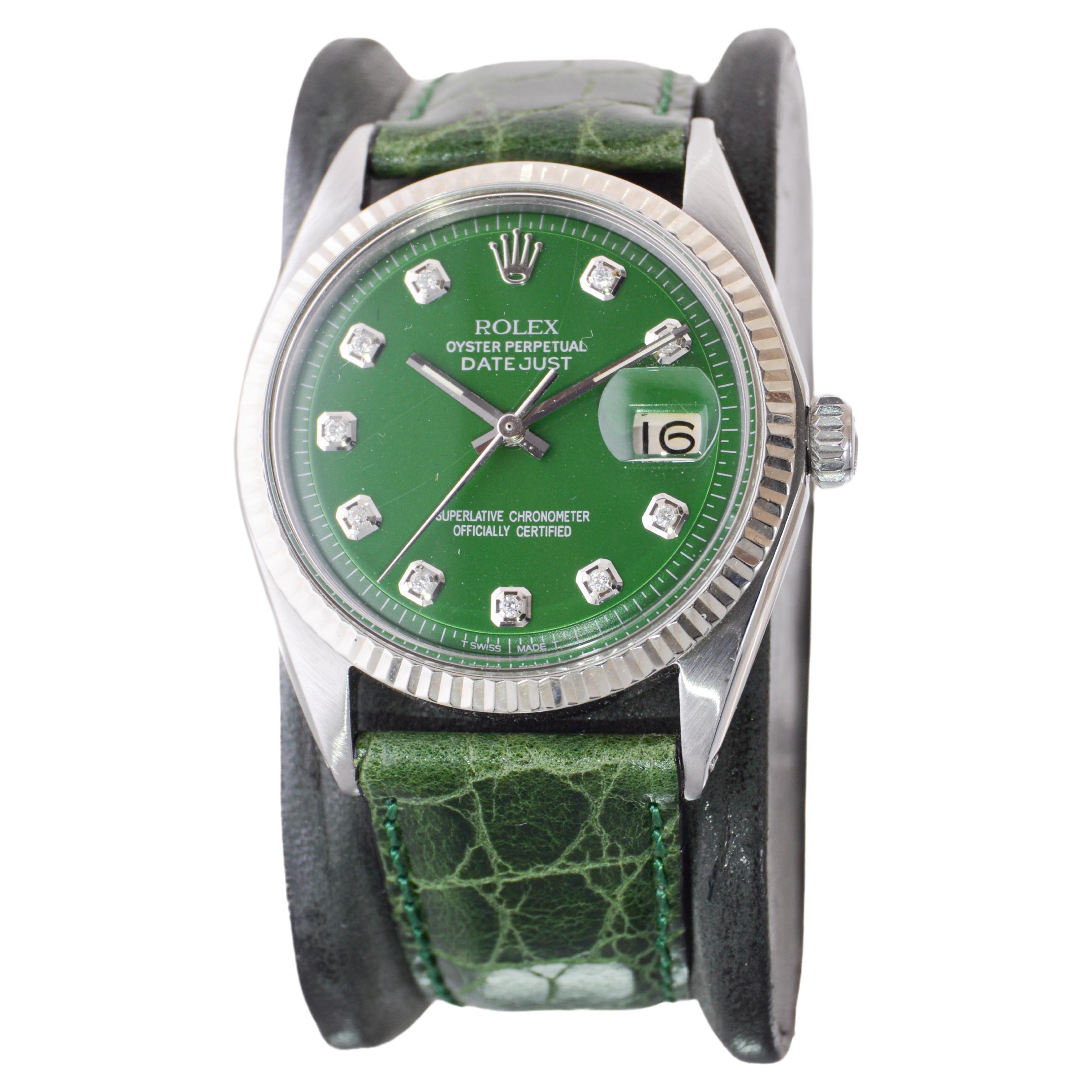 Rolex Edelstahl Datejust mit maßgefertigtem grünem Zifferblatt und Diamantmarkierungen 1960er Jahre im Zustand „Hervorragend“ im Angebot in Long Beach, CA