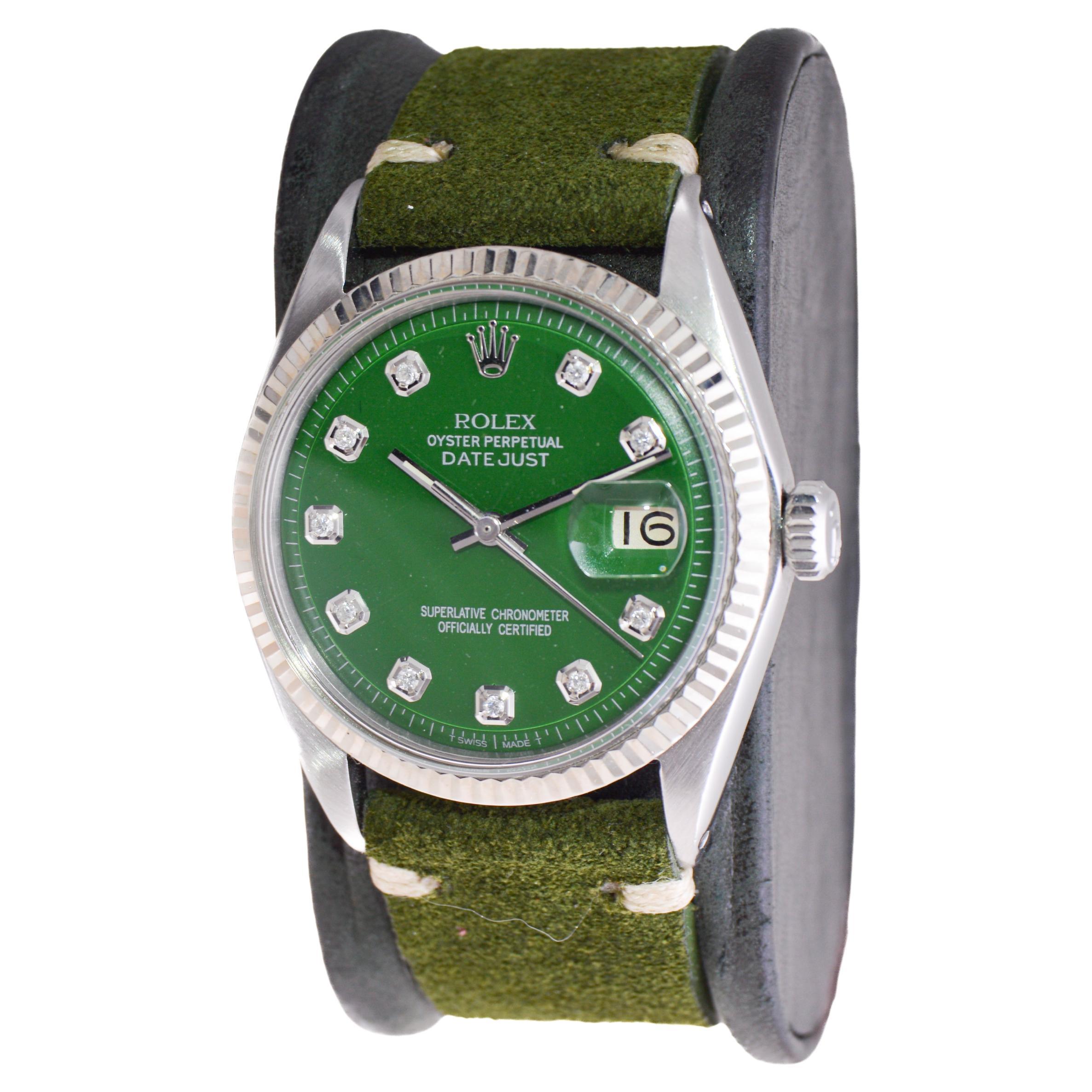 Rolex Stainless Steel Datejust with Custom Green Dial and Diamond Markers 1960's In Excellent Condition For Sale In Long Beach, CA