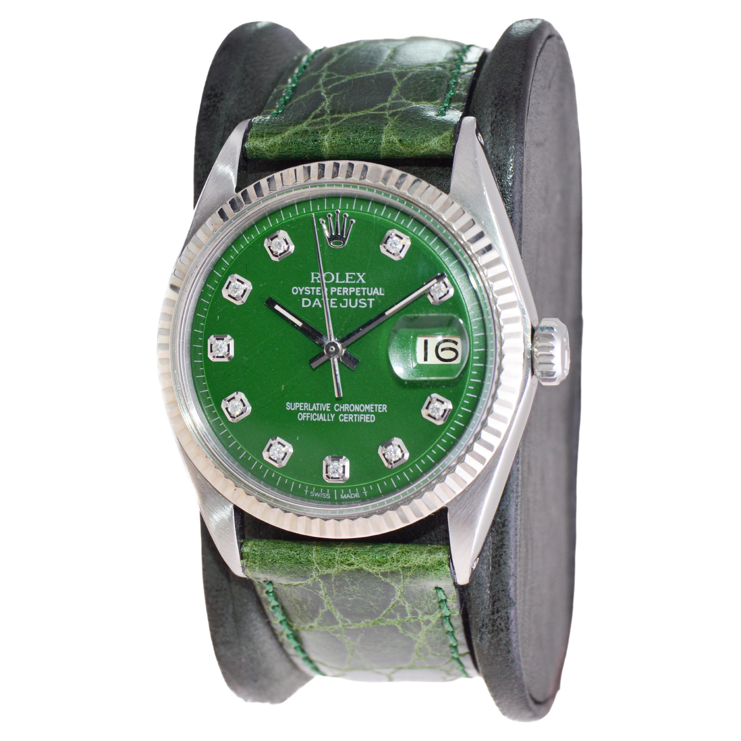 Rolex Datejust avec cadran vert personnalisé et index en diamants, années 1960 Excellent état - En vente à Long Beach, CA