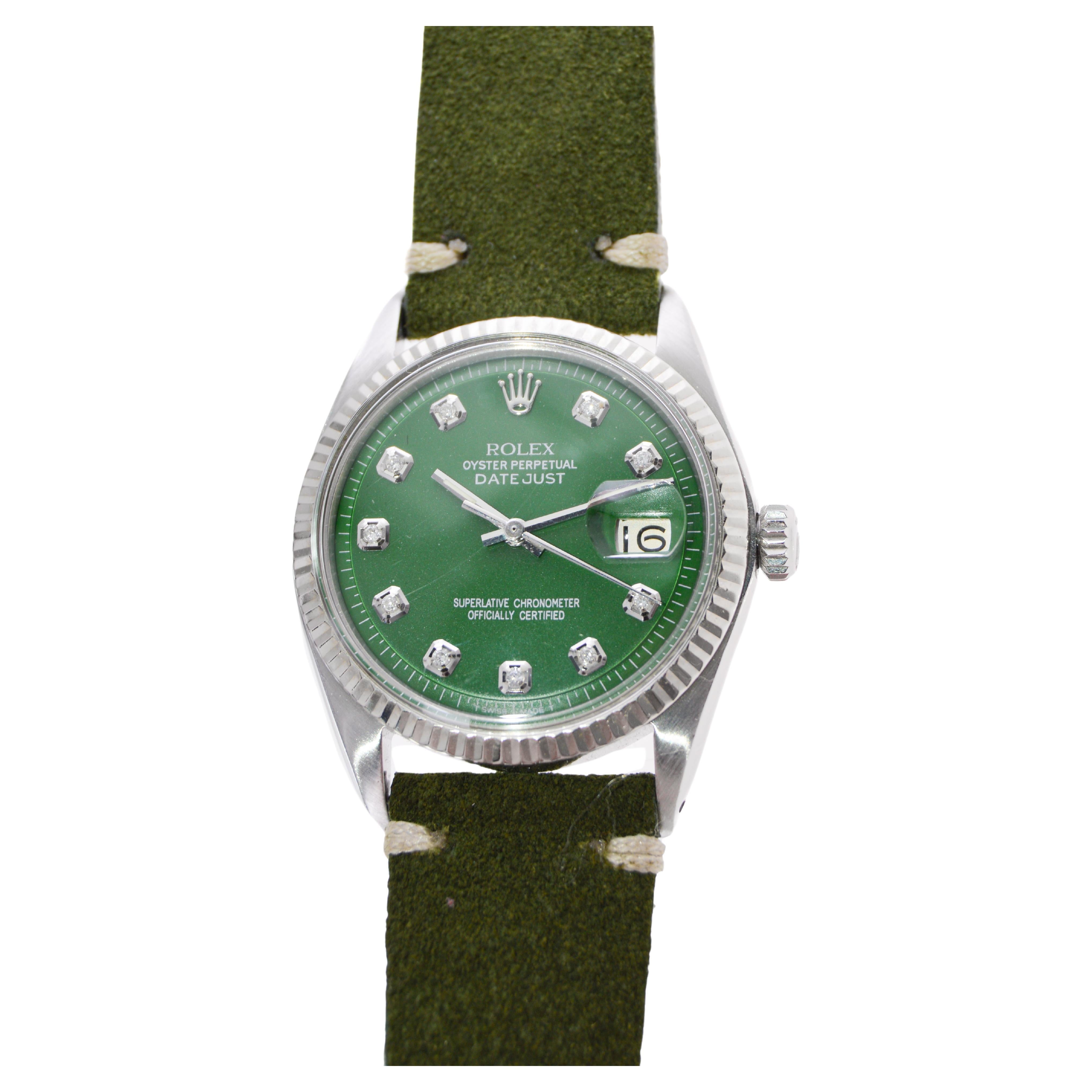 Women's or Men's Rolex Stainless Steel Datejust with Custom Green Dial and Diamond Markers 1960's For Sale