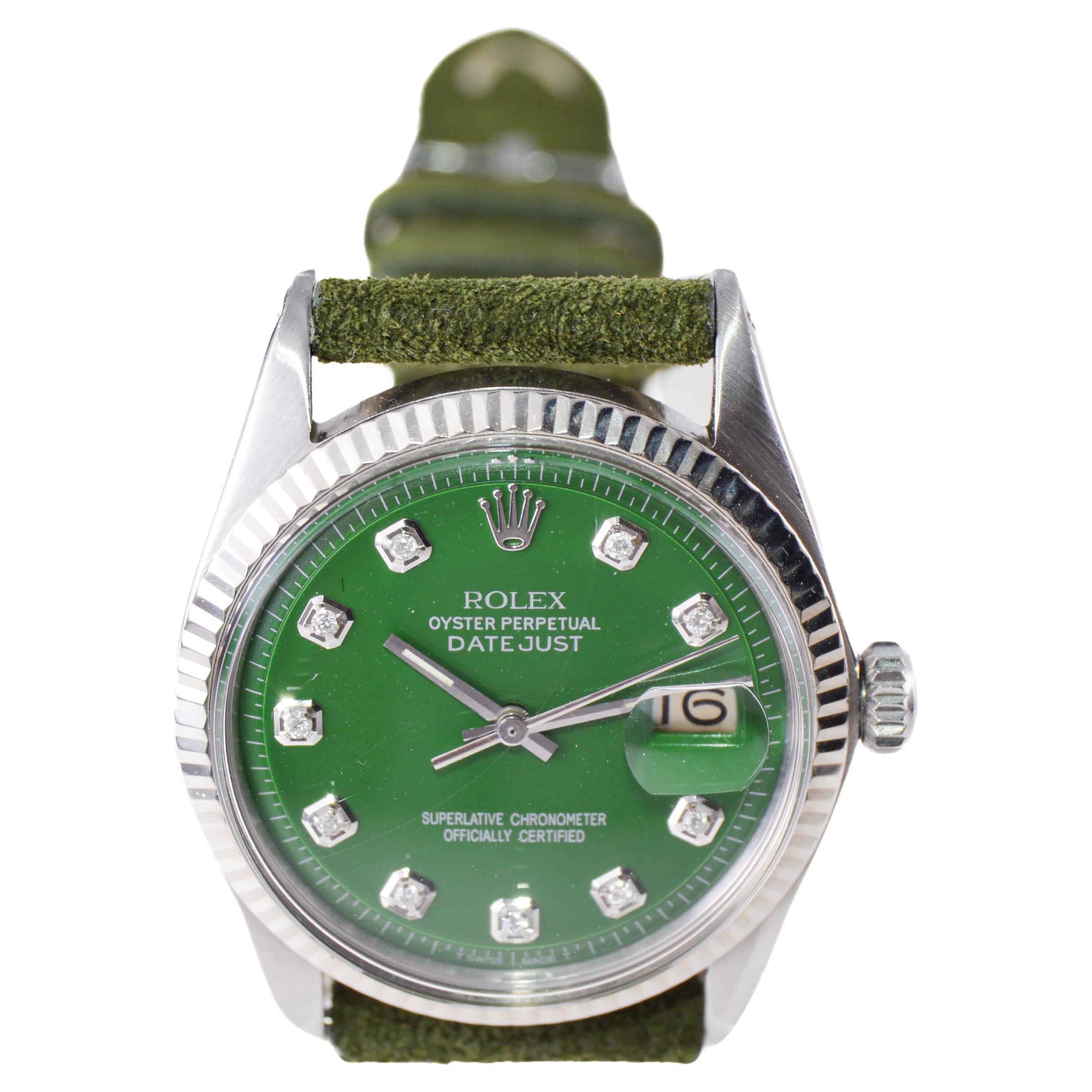Rolex Datejust avec cadran vert personnalisé et index en diamants, années 1960 en vente 1