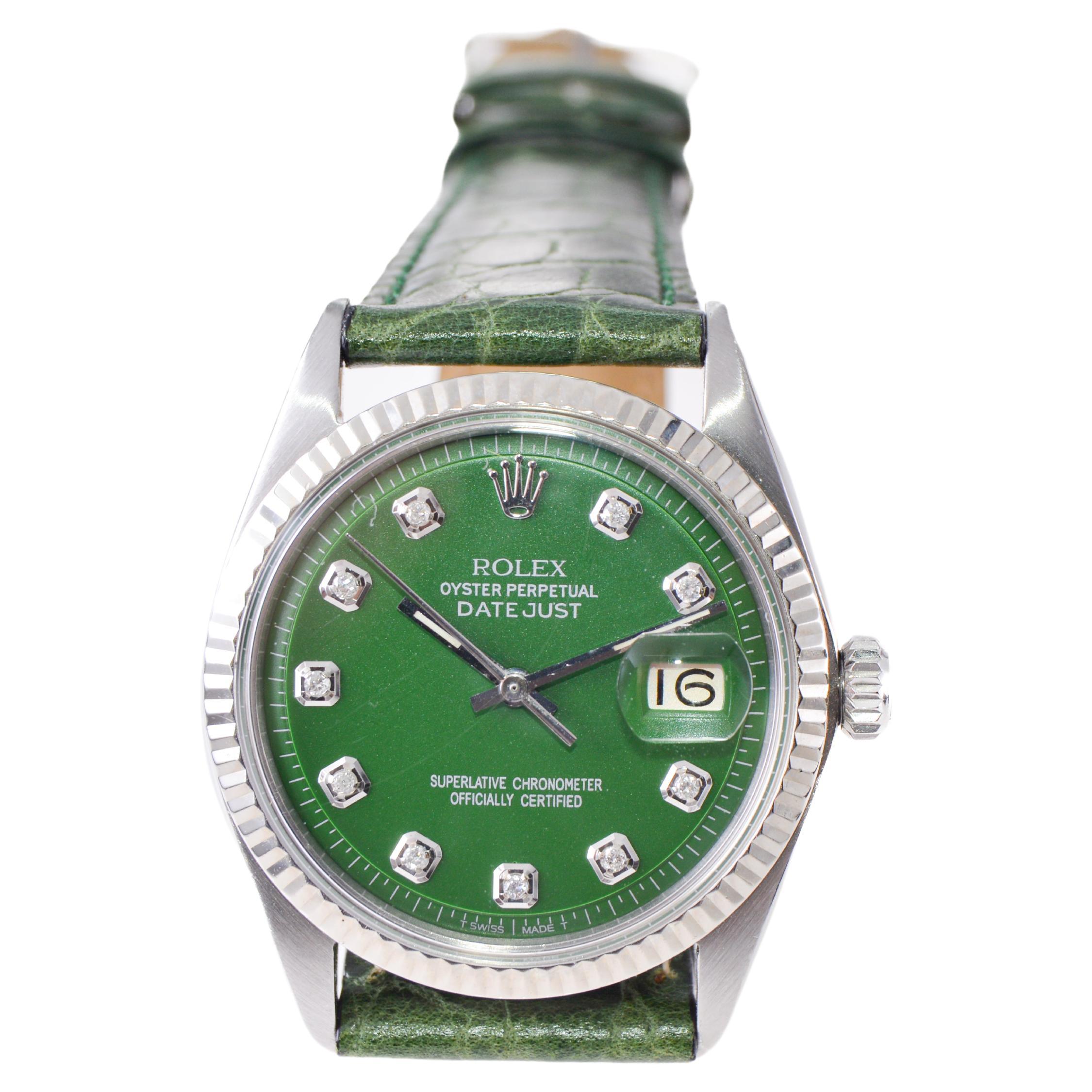Rolex Stainless Steel Datejust with Custom Green Dial and Diamond Markers 1960's For Sale 2