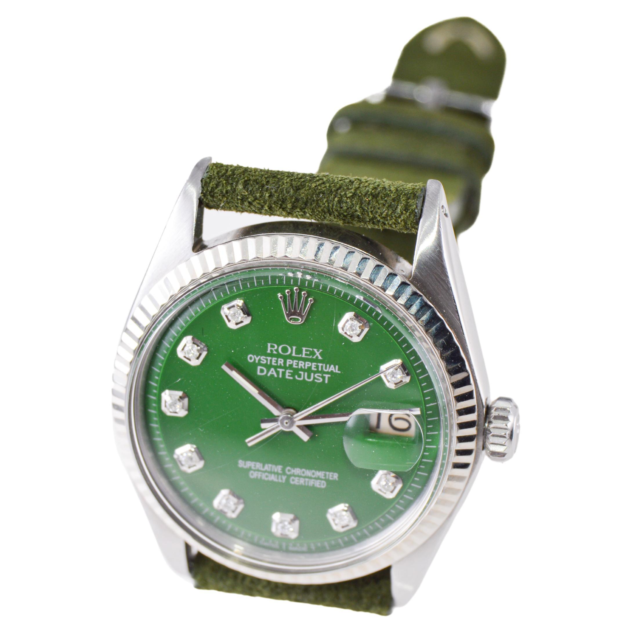 Rolex Stainless Steel Datejust with Custom Green Dial and Diamond Markers 1960's For Sale 2