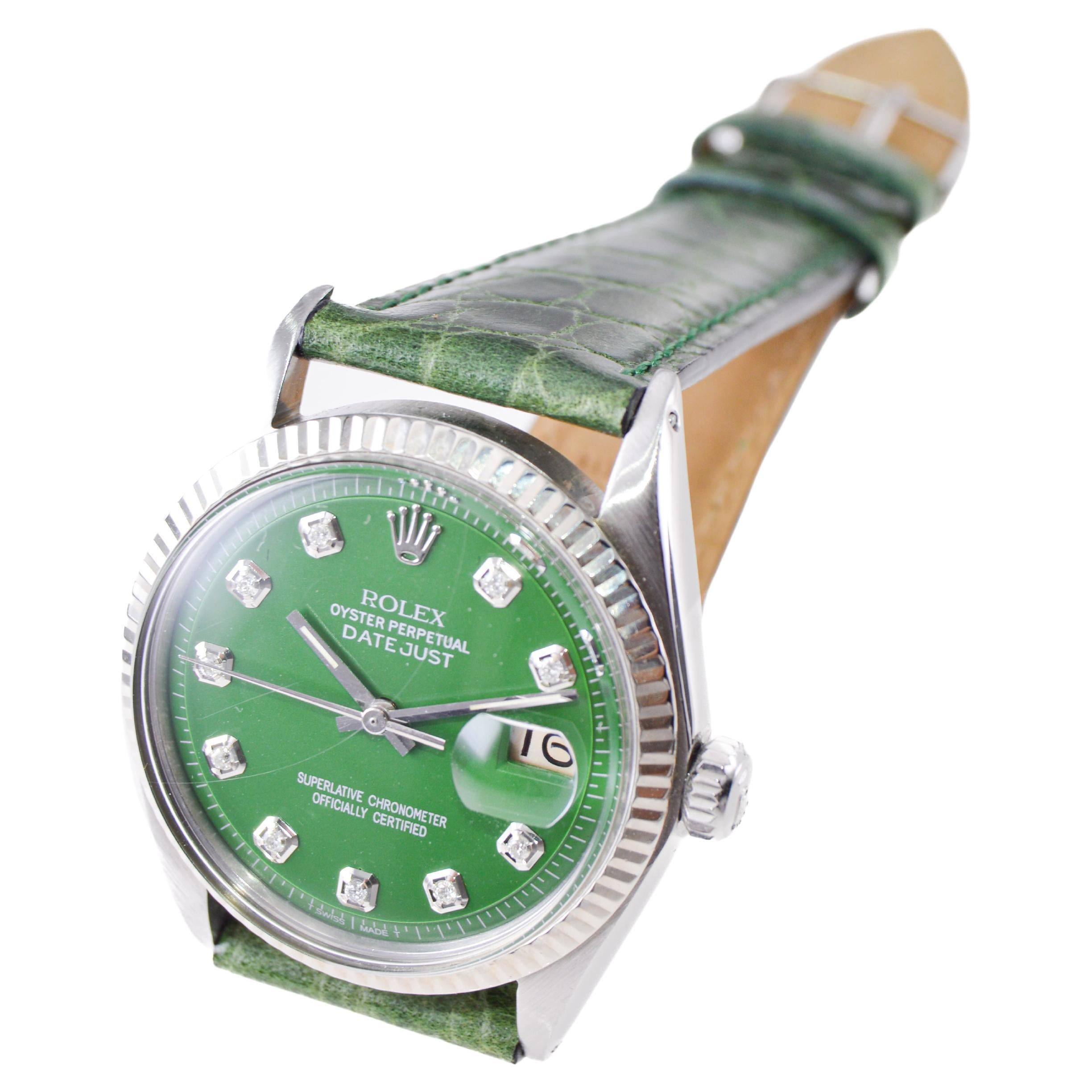 Rolex Stainless Steel Datejust with Custom Green Dial and Diamond Markers 1960's For Sale 3