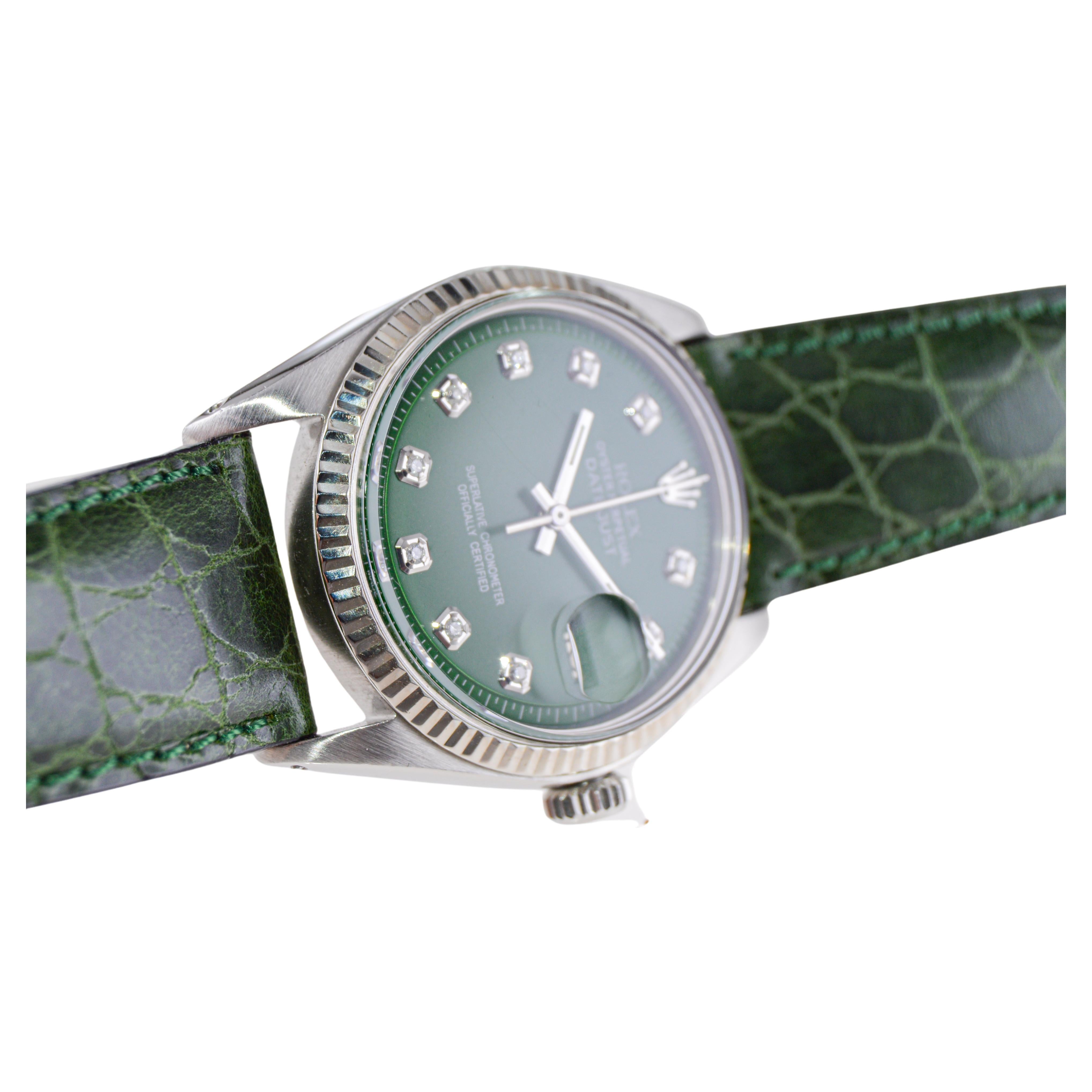 Rolex Stainless Steel Datejust with Custom Green Dial and Diamond Markers 1960's For Sale 4