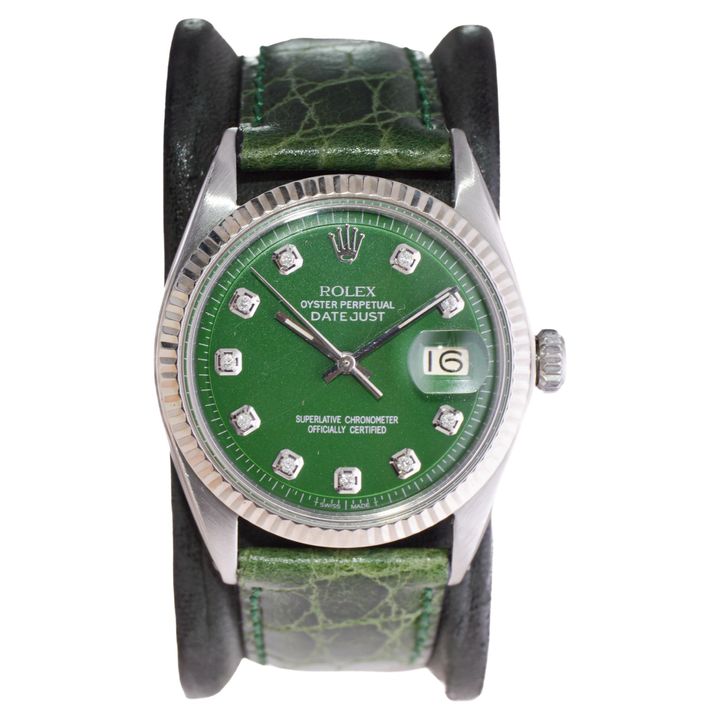 Rolex Stainless Steel Datejust with Custom Green Dial and Diamond Markers 1960's For Sale