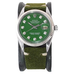 Rolex Edelstahl Datejust mit maßgefertigtem grünem Zifferblatt und Diamantmarkierungen 1960er Jahre