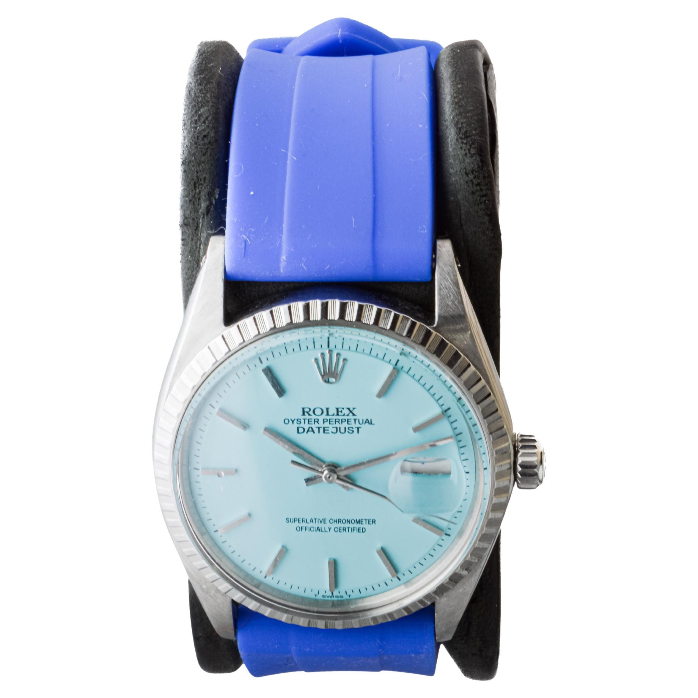 Modern Rolex Stainless Steel Datejust with Custom Made Blue Dial circa, 1970's For Sale
