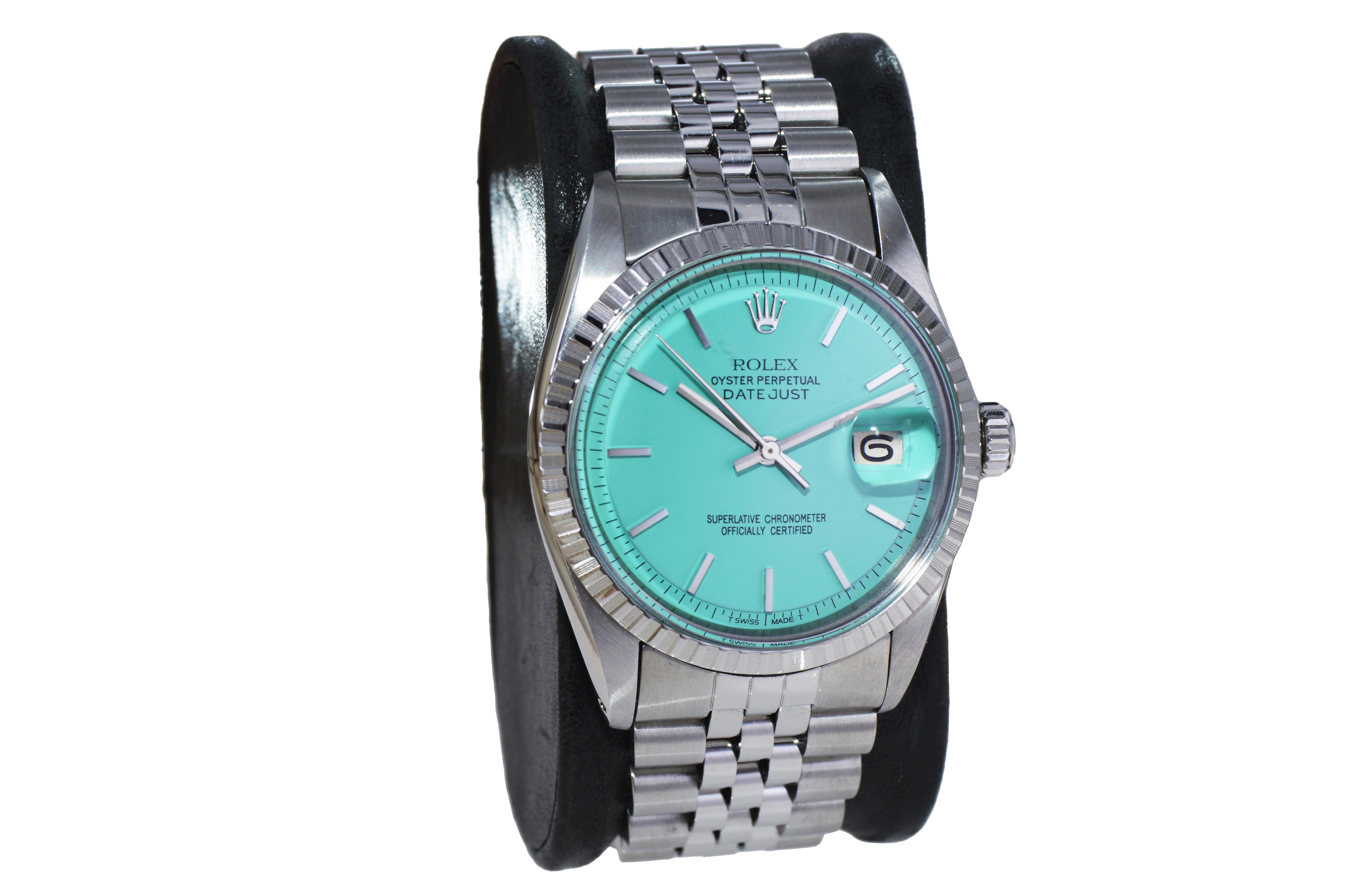 Moderno Rolex Datejust in acciaio inossidabile con quadrante blu personalizzato, circa anni '70 in vendita