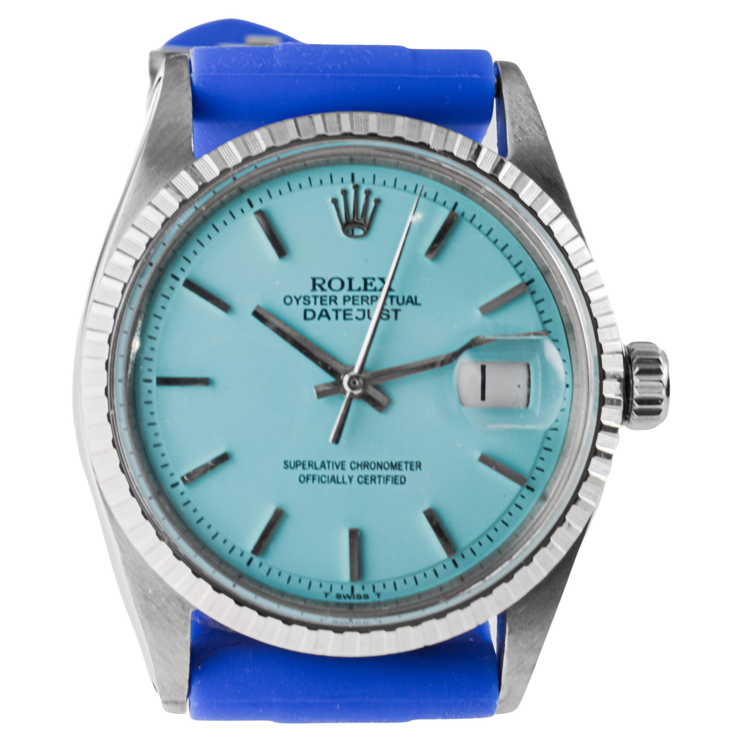 Rolex Stainless Steel Datejust with Custom Made Blue Dial circa, 1970's In Excellent Condition For Sale In Long Beach, CA