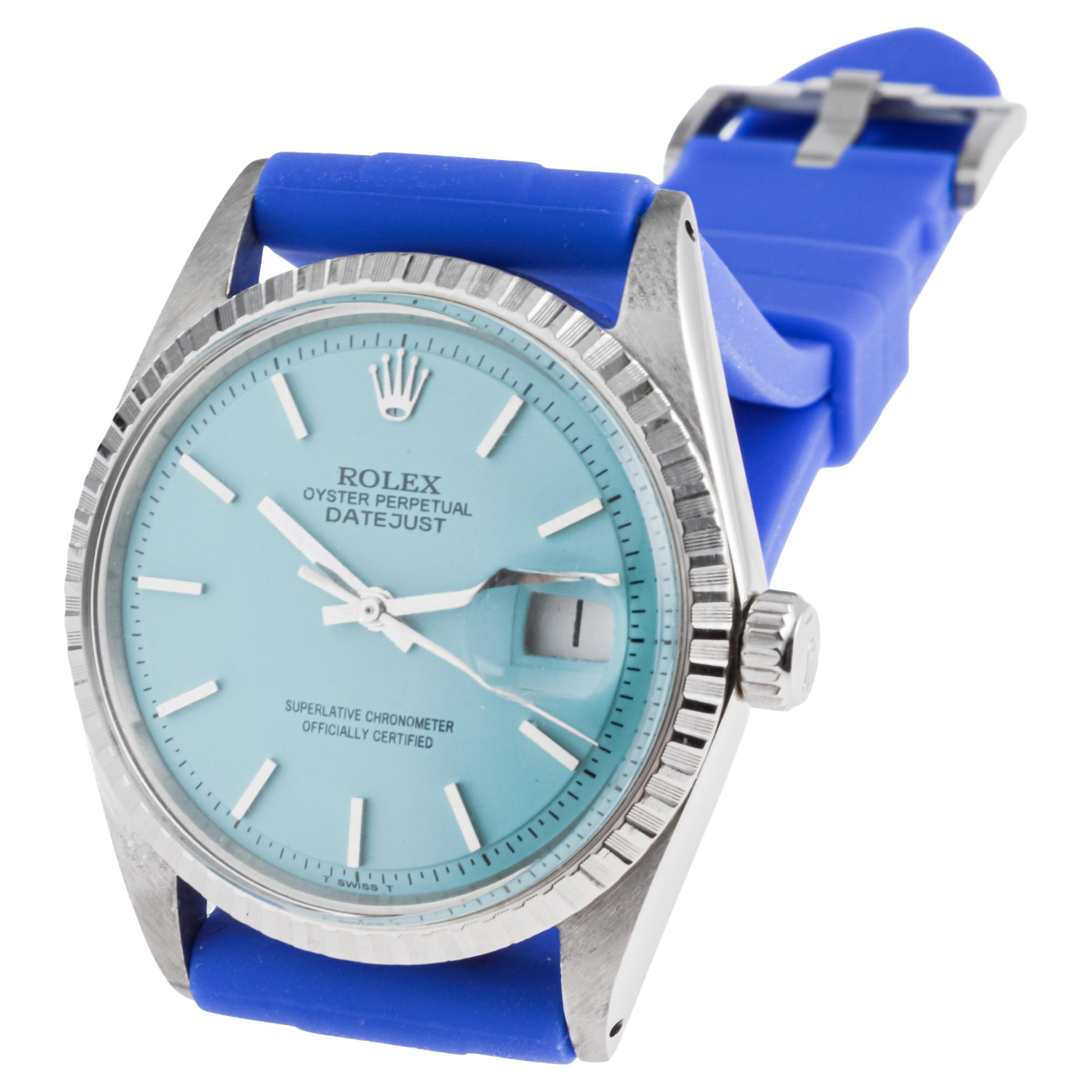 Women's or Men's Rolex Stainless Steel Datejust with Custom Made Blue Dial circa, 1970's For Sale