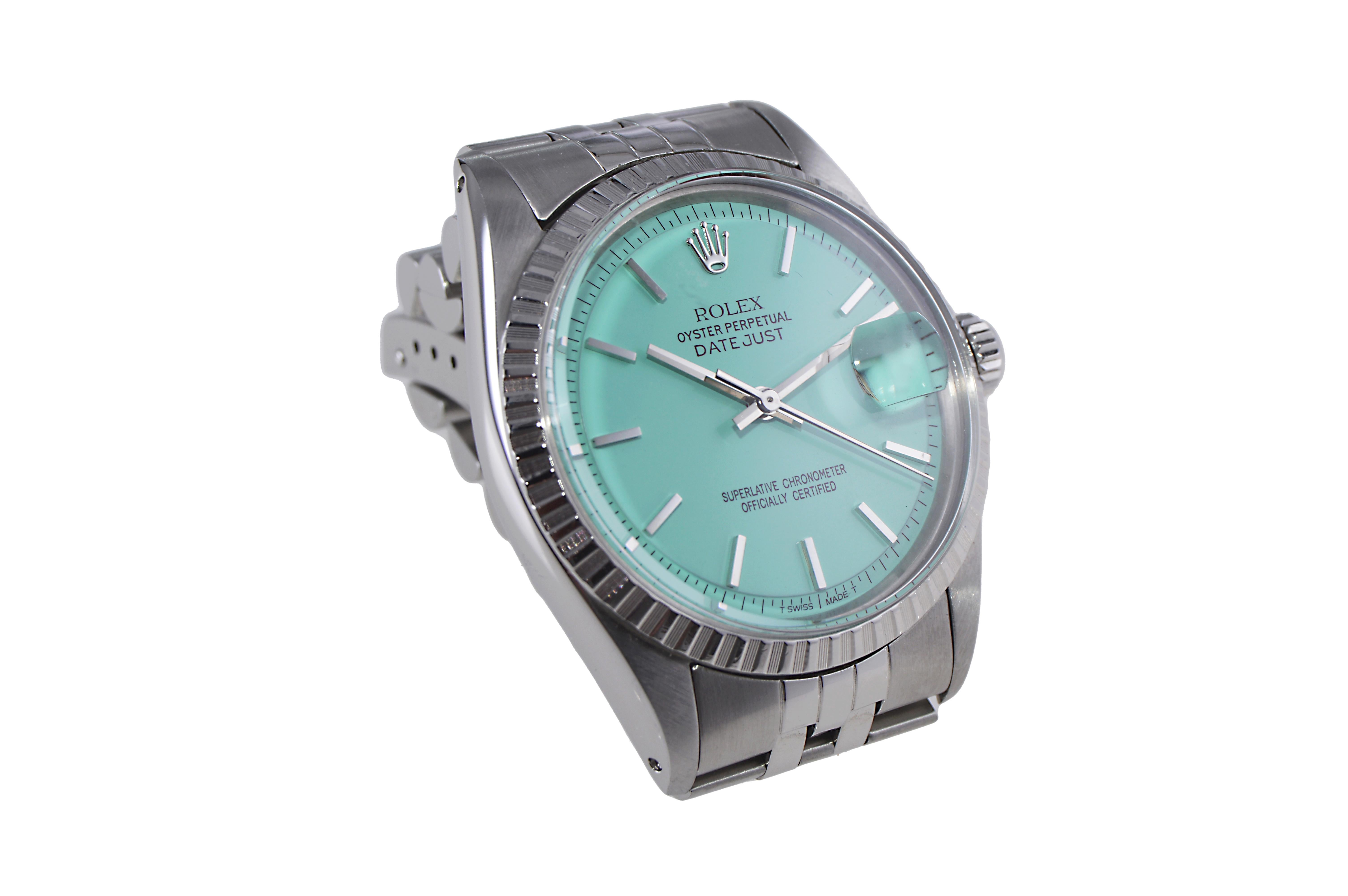 da uomo o donna Rolex Datejust in acciaio inossidabile con quadrante blu personalizzato, circa anni '70 in vendita