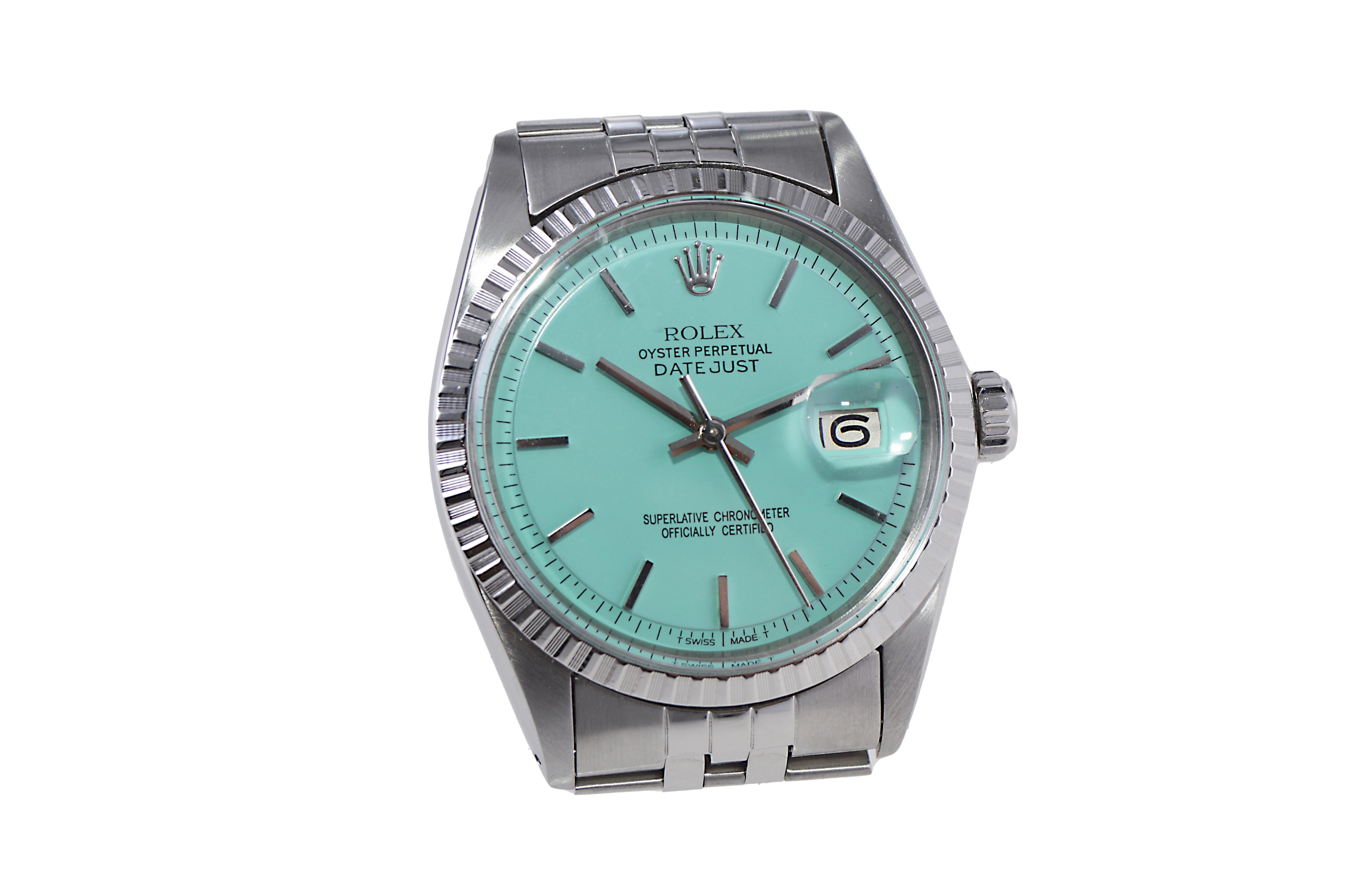 Rolex Datejust in acciaio inossidabile con quadrante blu personalizzato, circa anni '70 in vendita 2