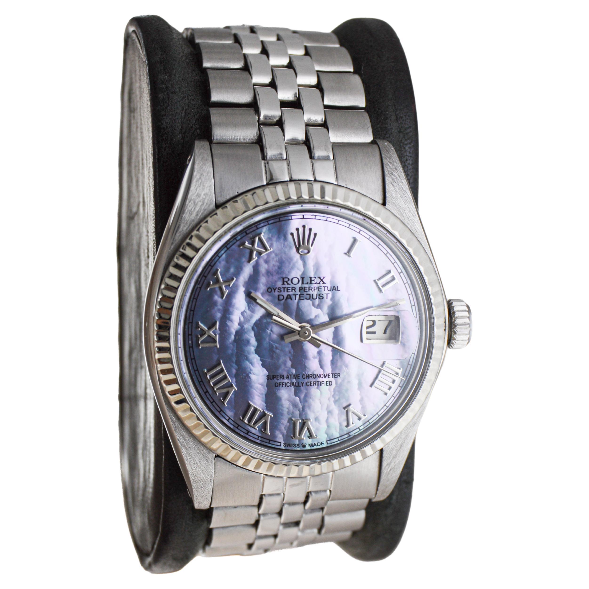 FACTORY / HOUSE: Rolex Watch Company
STYLE / REFERENCE: Datejust / Reference 1601
METAL / MATERIAL: Stainless Steel & White Gold
CIRCA / YEAR: 1970's
DIMENSIONS / SIZE: Length 43mm X Diameter 36mm
MOVEMENT / CALIBER: Perpetual Winding / 26 Jewels /
