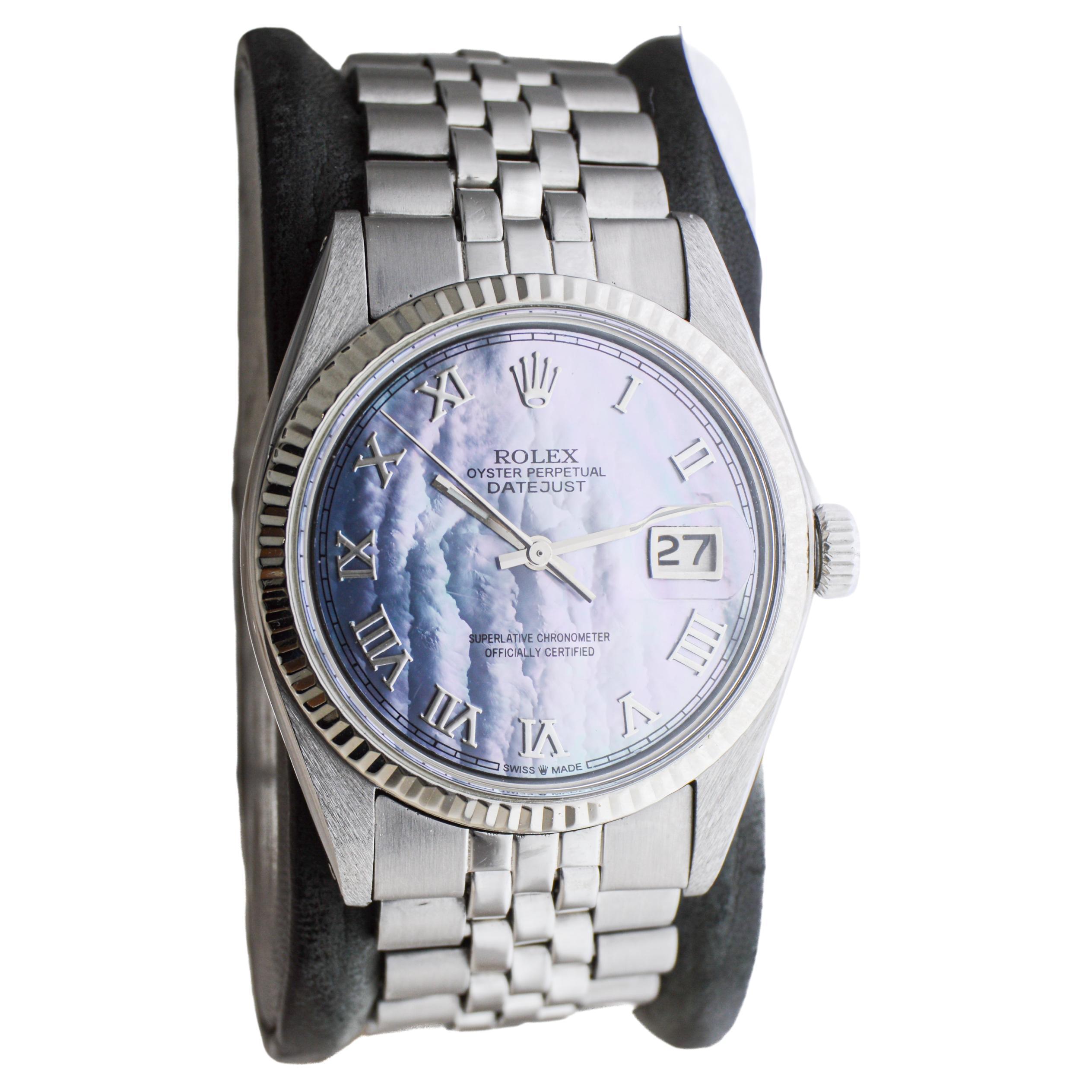 Modern Rolex Stainless Steel Datejust with Custom Made Mother of Pearl Dial 1970's For Sale