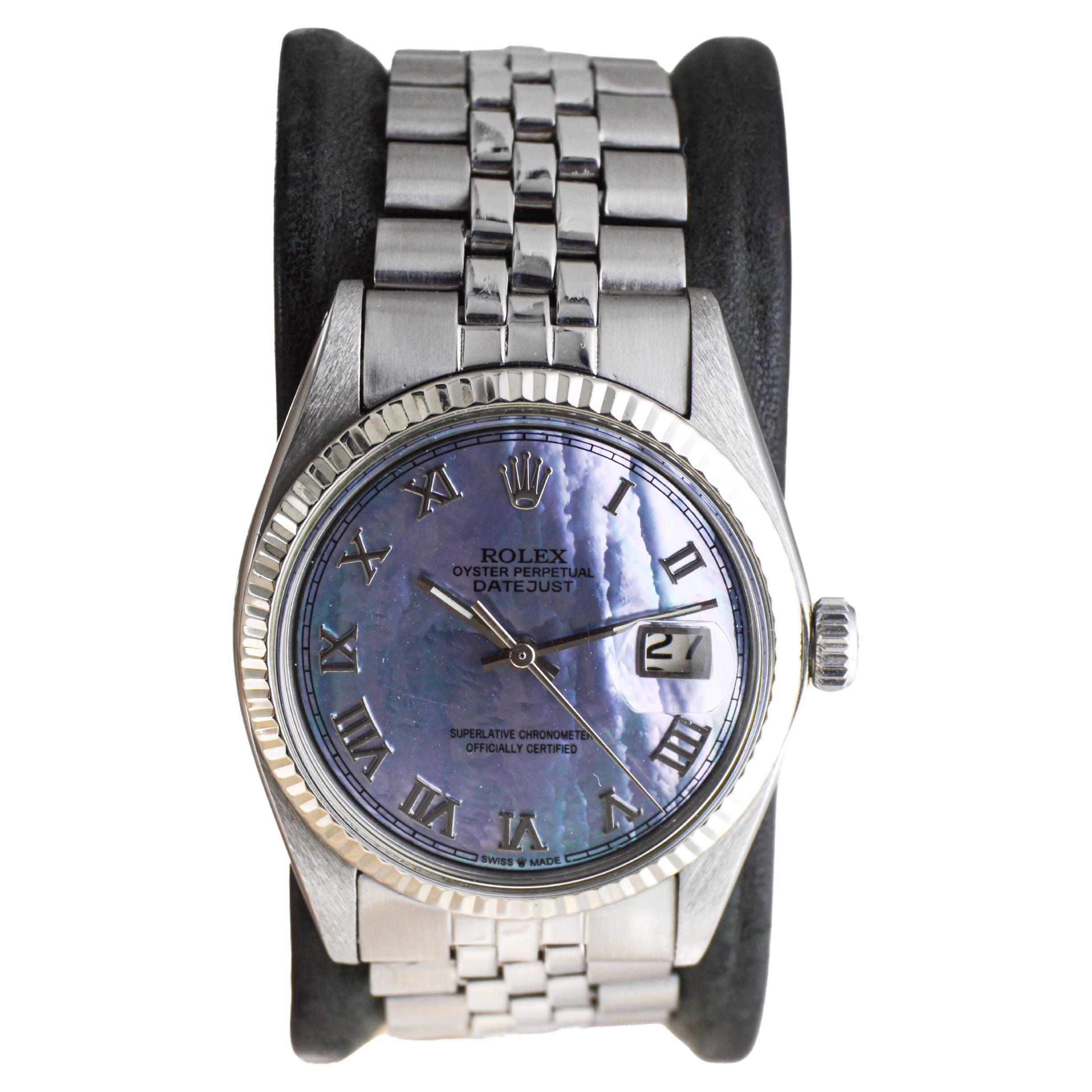 Modern Rolex Stainless Steel Datejust with Custom Made Mother of Pearl Dial 1970's For Sale