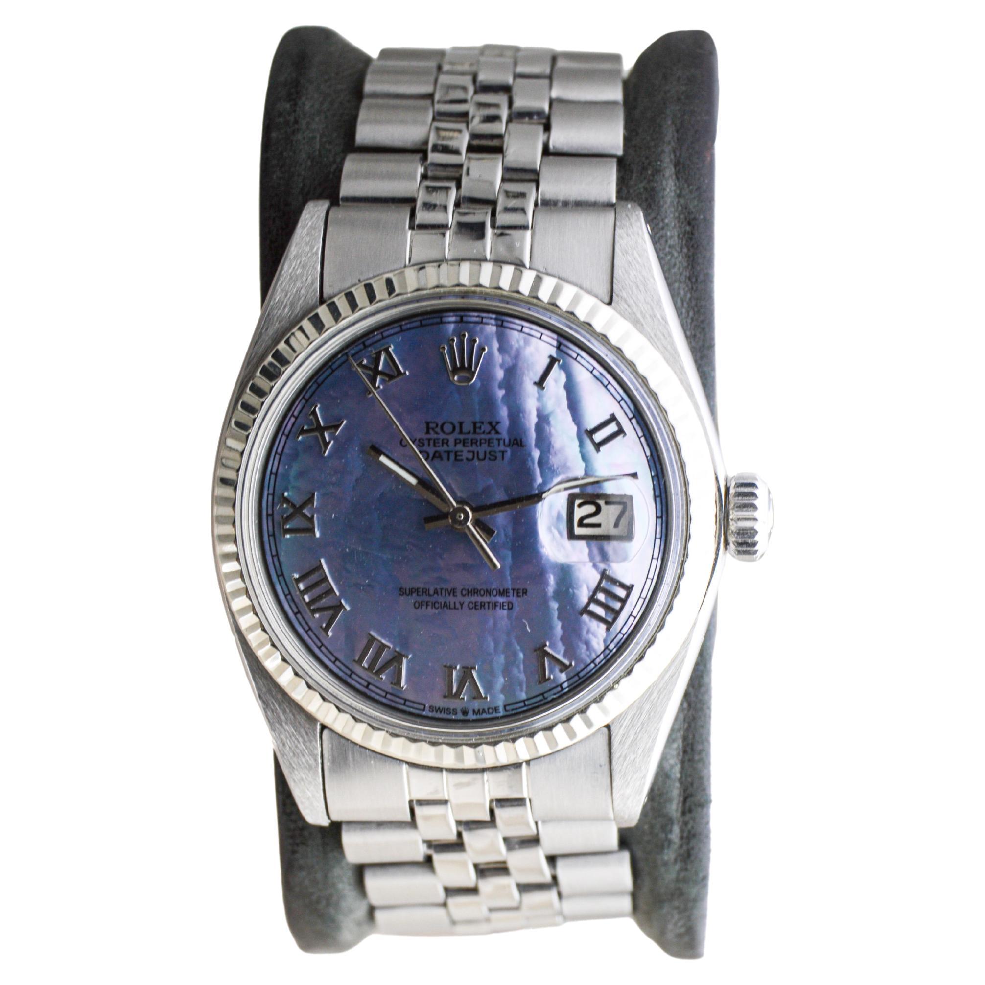 Women's or Men's Rolex Stainless Steel Datejust with Custom Made Mother of Pearl Dial 1970's For Sale