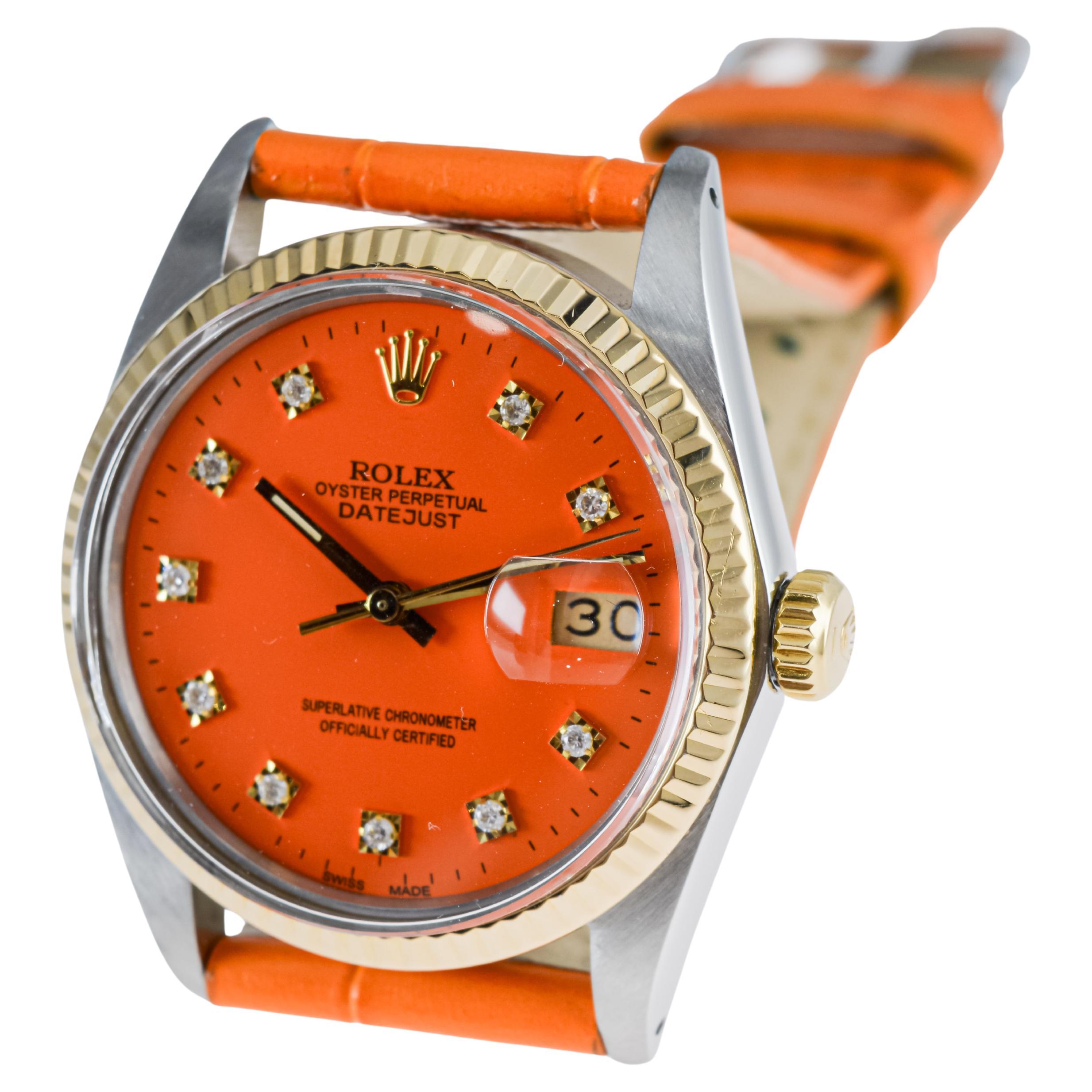 Rolex Stainless Steel Datejust with Custom Made Orange Dial circa, 1980's For Sale 9
