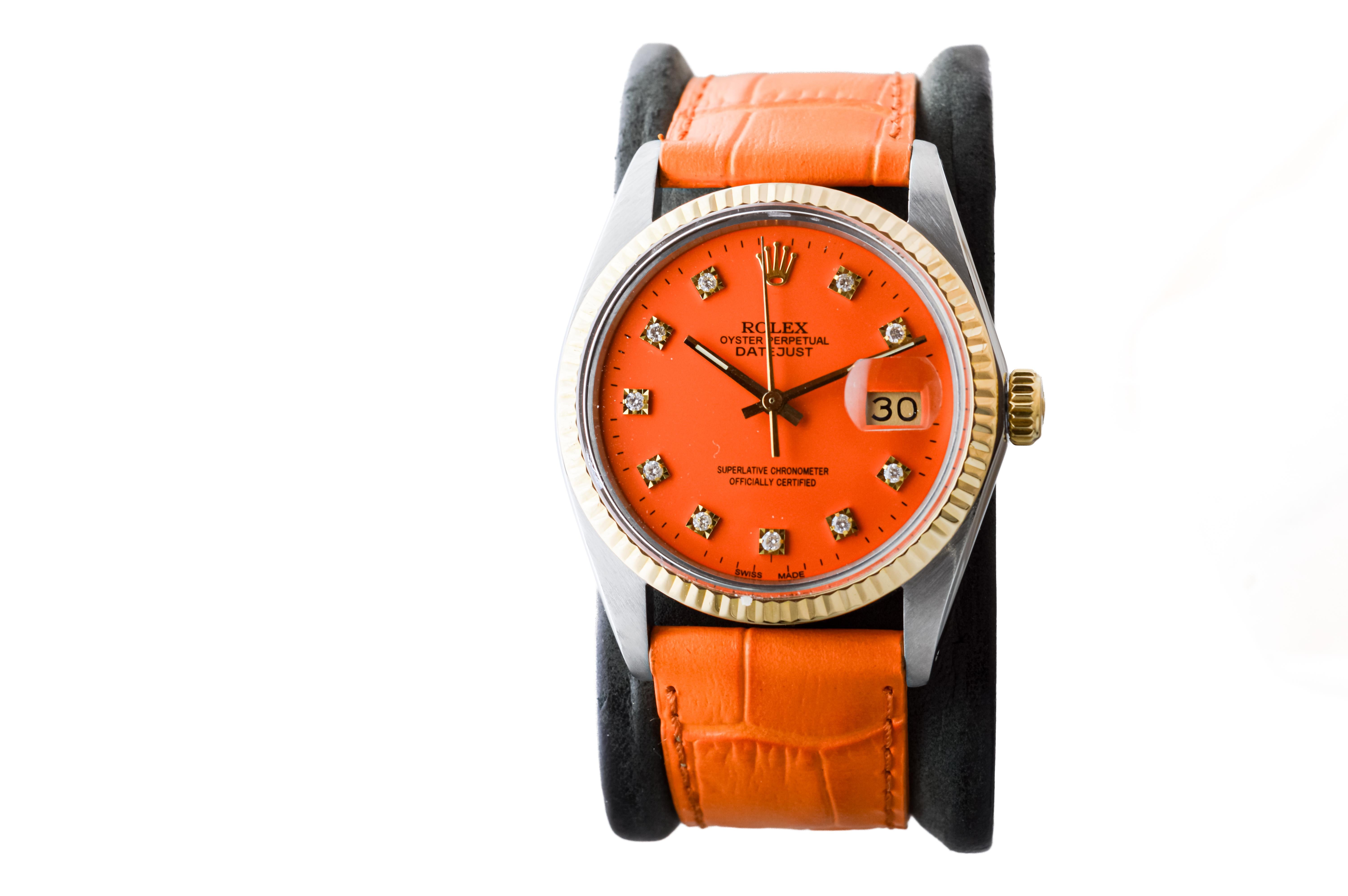 Women's or Men's Rolex Stainless Steel Datejust with Custom Made Orange Dial circa, 1980's For Sale