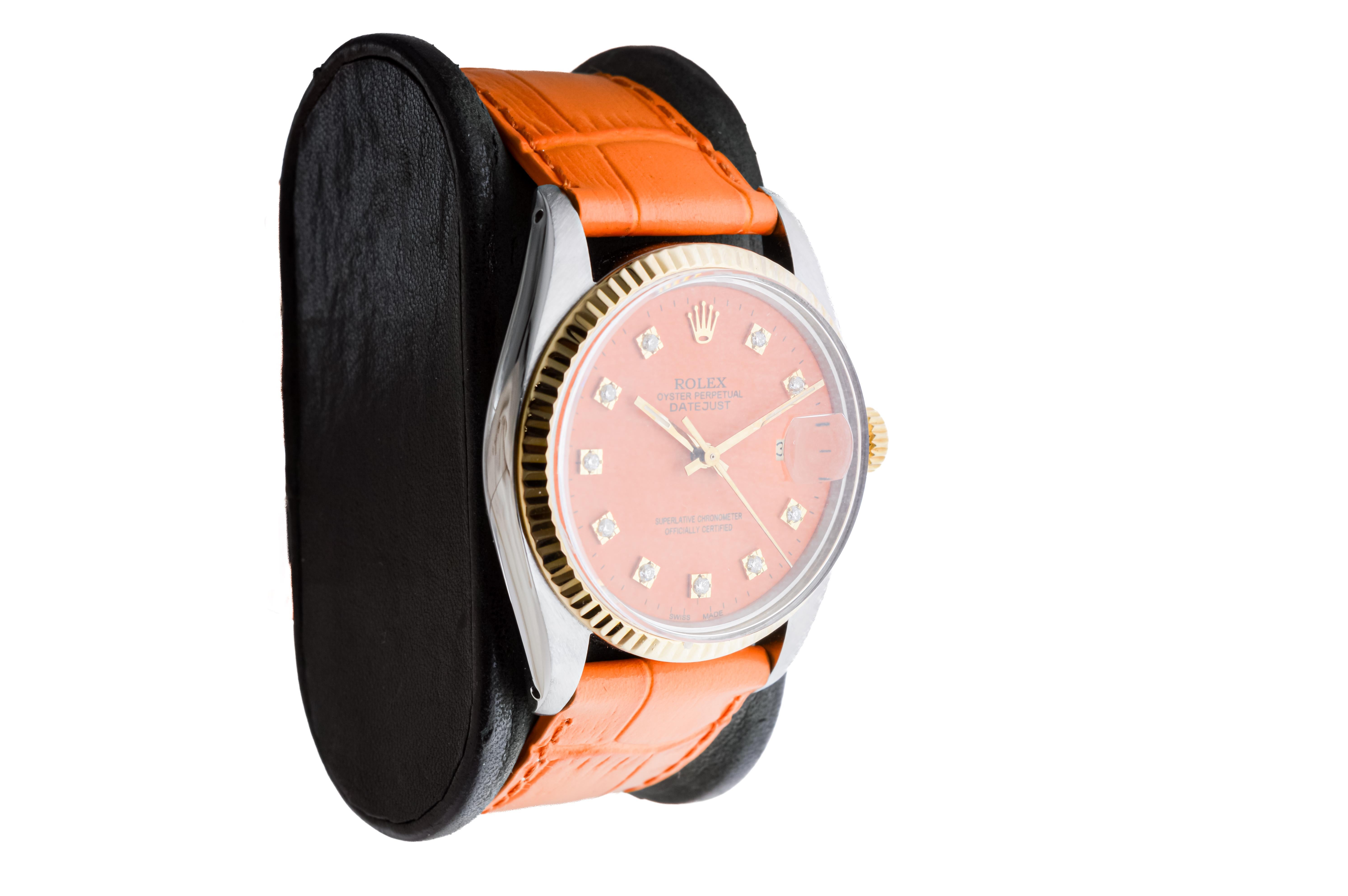 FACTORY / HOUSE: Rolex Watch Company
STYLE / REFERENCE: Datejust / Reference 16000
METAL / MATERIAL: Two Tone Stainless Steel & 18Kt. Gold Bezel
CIRCA / YEAR: 1980's
DIMENSIONS / SIZE: Length 43mm X Diameter 36mm
MOVEMENT / CALIBER: Perpetual