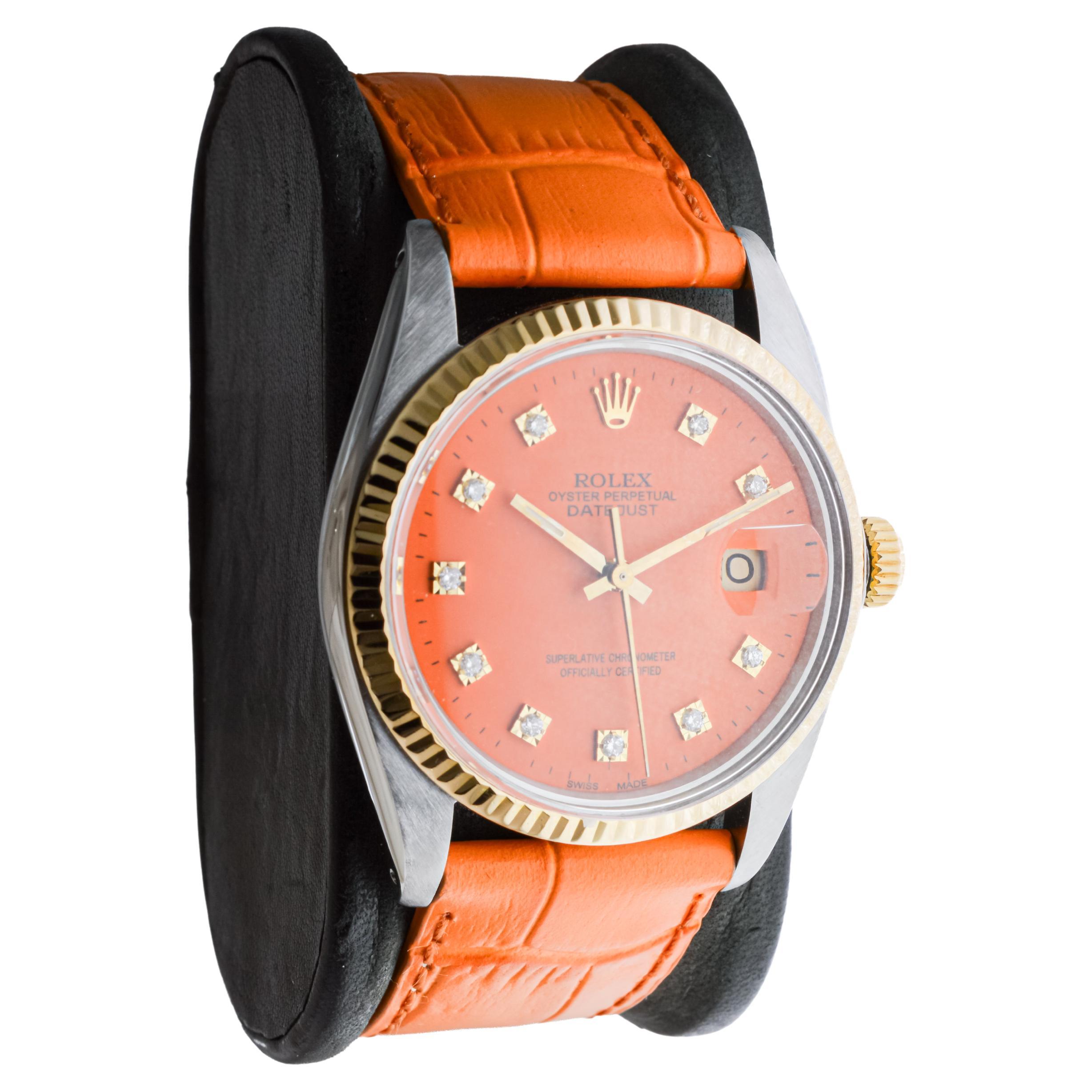 Modern Rolex Stainless Steel Datejust with Custom Made Orange Dial circa, 1980's For Sale