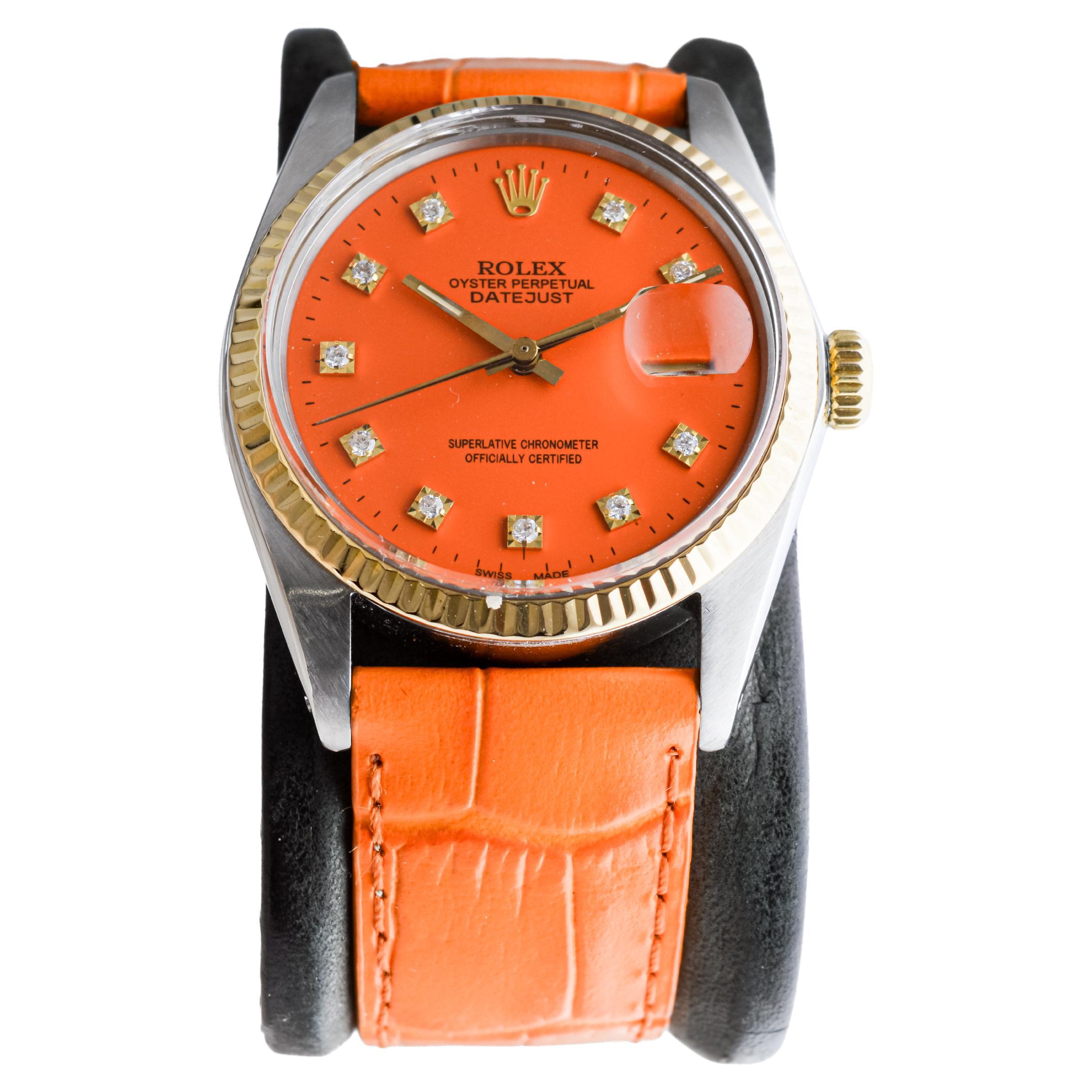 Rolex Stainless Steel Datejust with Custom Made Orange Dial circa, 1980's In Excellent Condition For Sale In Long Beach, CA