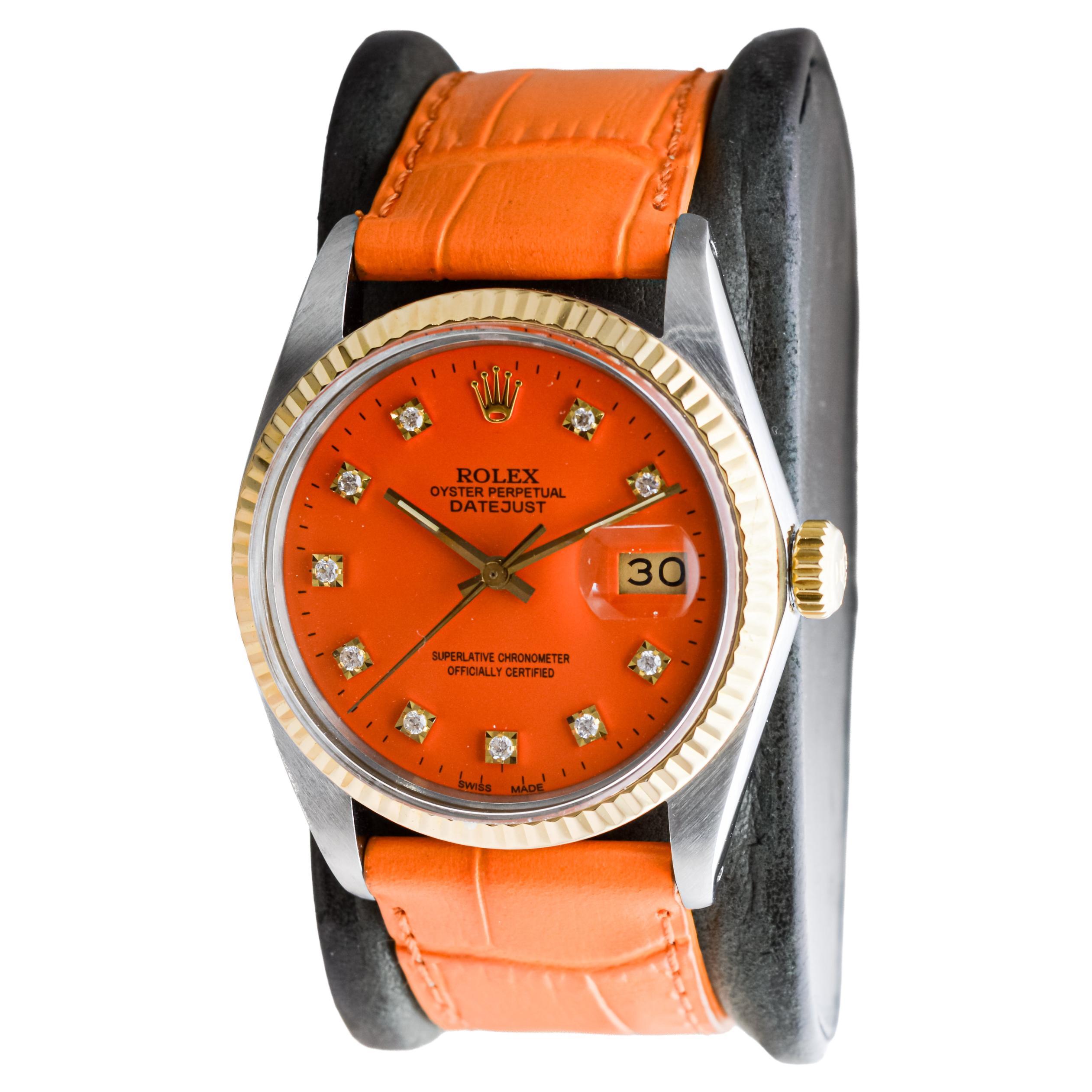 Rolex Stainless Steel Datejust with Custom Made Orange Dial circa, 1980's For Sale 1