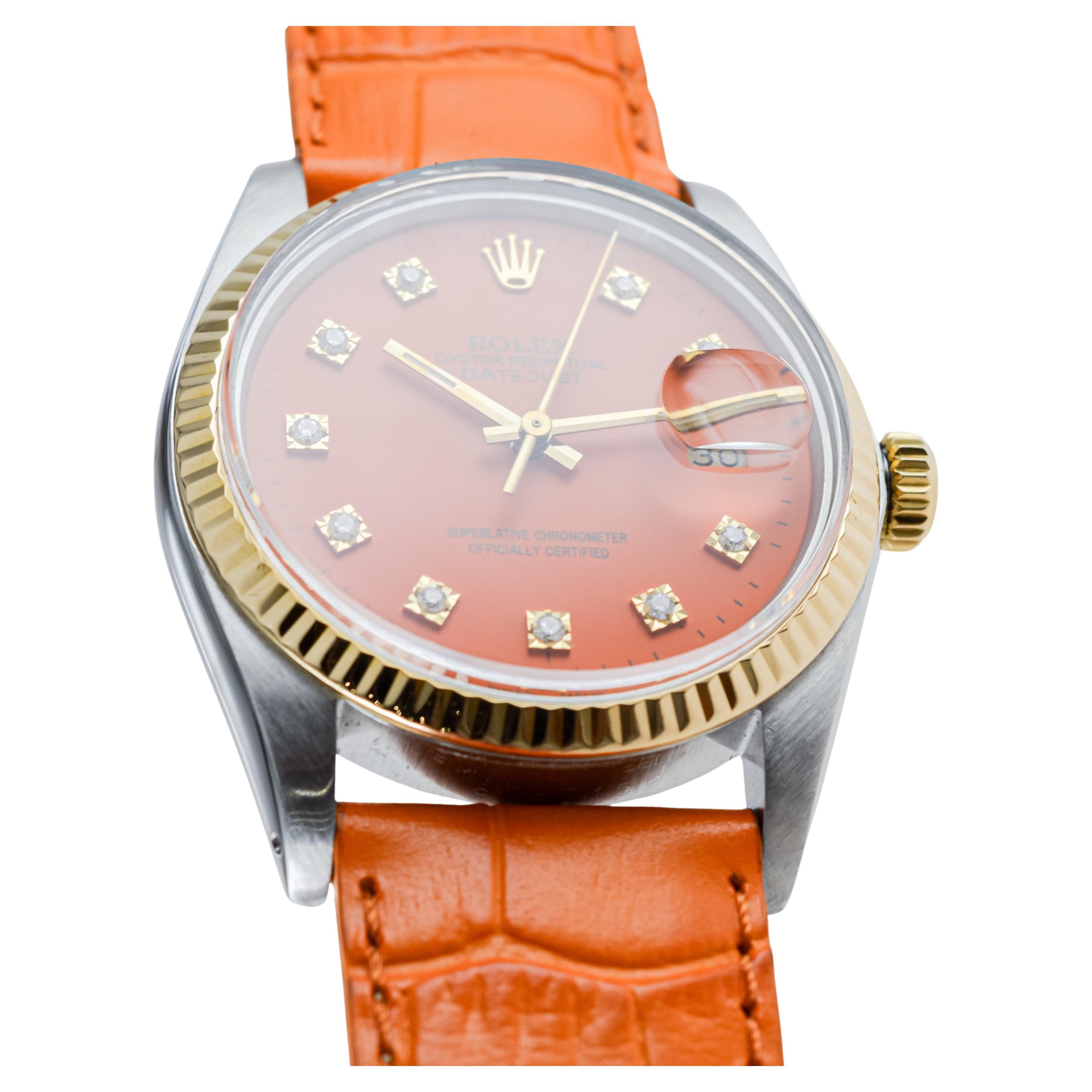Rolex Stainless Steel Datejust with Custom Made Orange Dial circa, 1980's For Sale 3