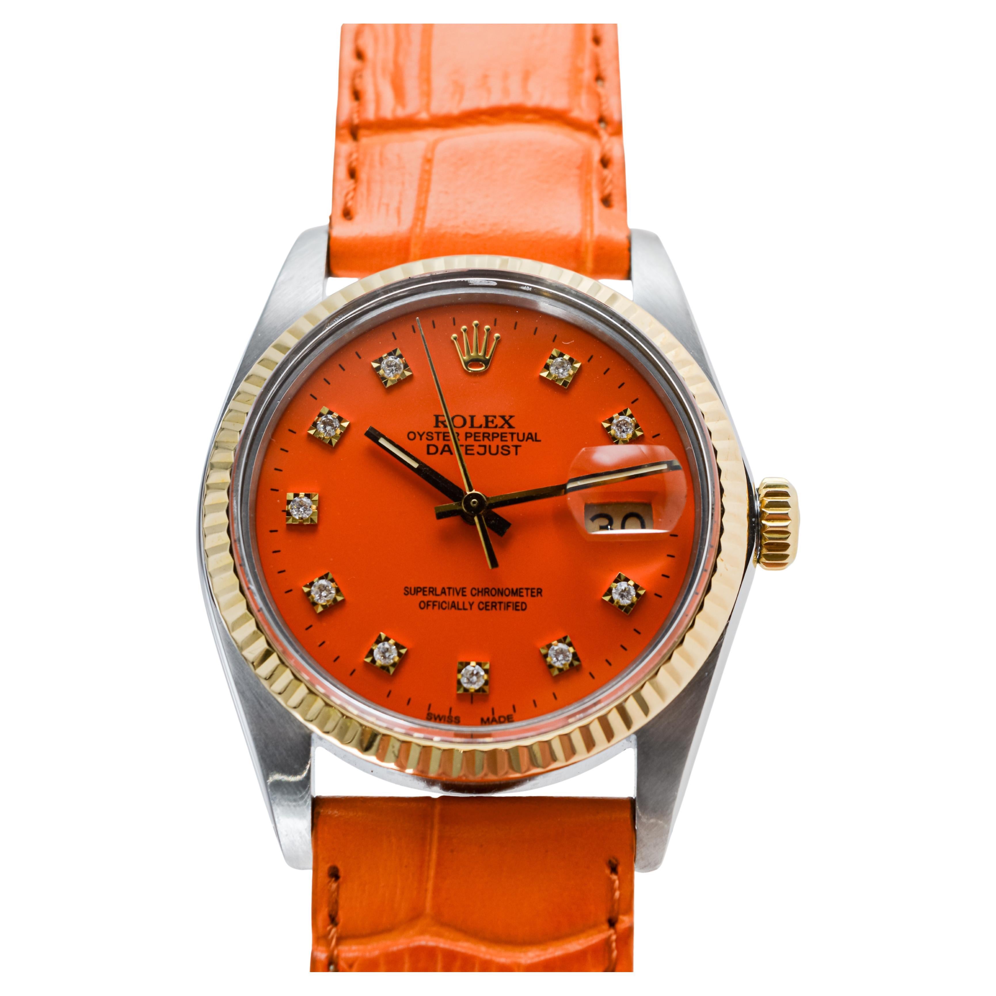 Rolex Stainless Steel Datejust with Custom Made Orange Dial circa, 1980's For Sale 4