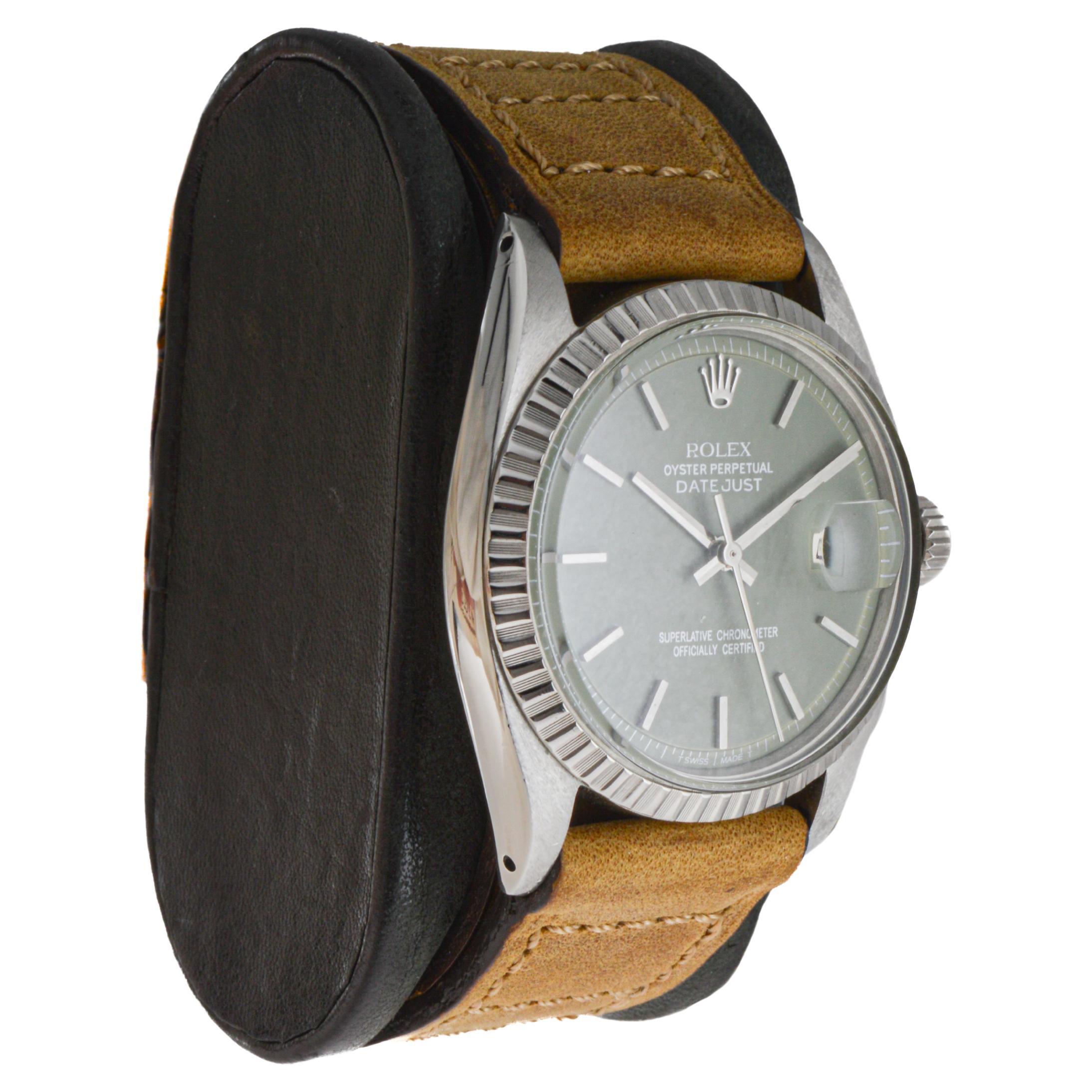 Modern Rolex Stainless Steel Datejust with Custom Made Sage Green Dial 1960's For Sale