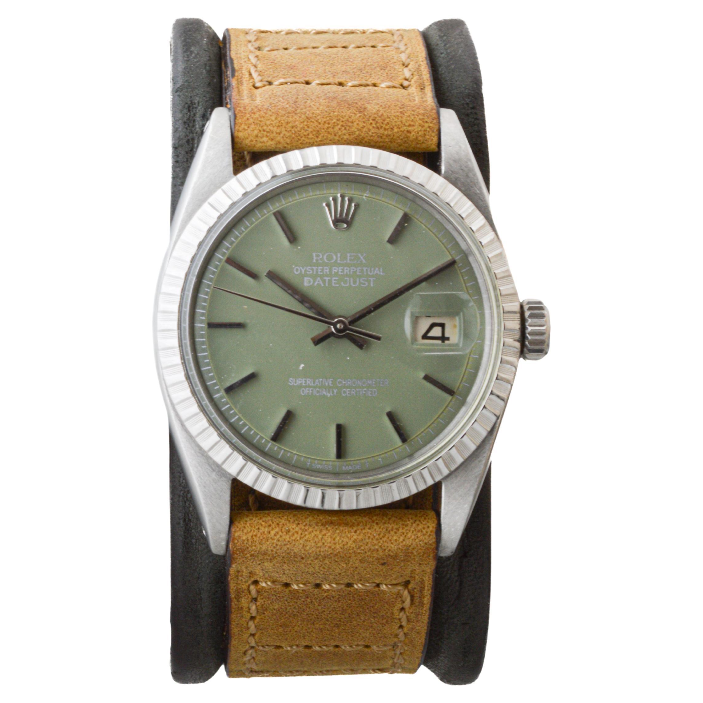 Rolex Stainless Steel Datejust with Custom Made Sage Green Dial 1960's In Excellent Condition For Sale In Long Beach, CA