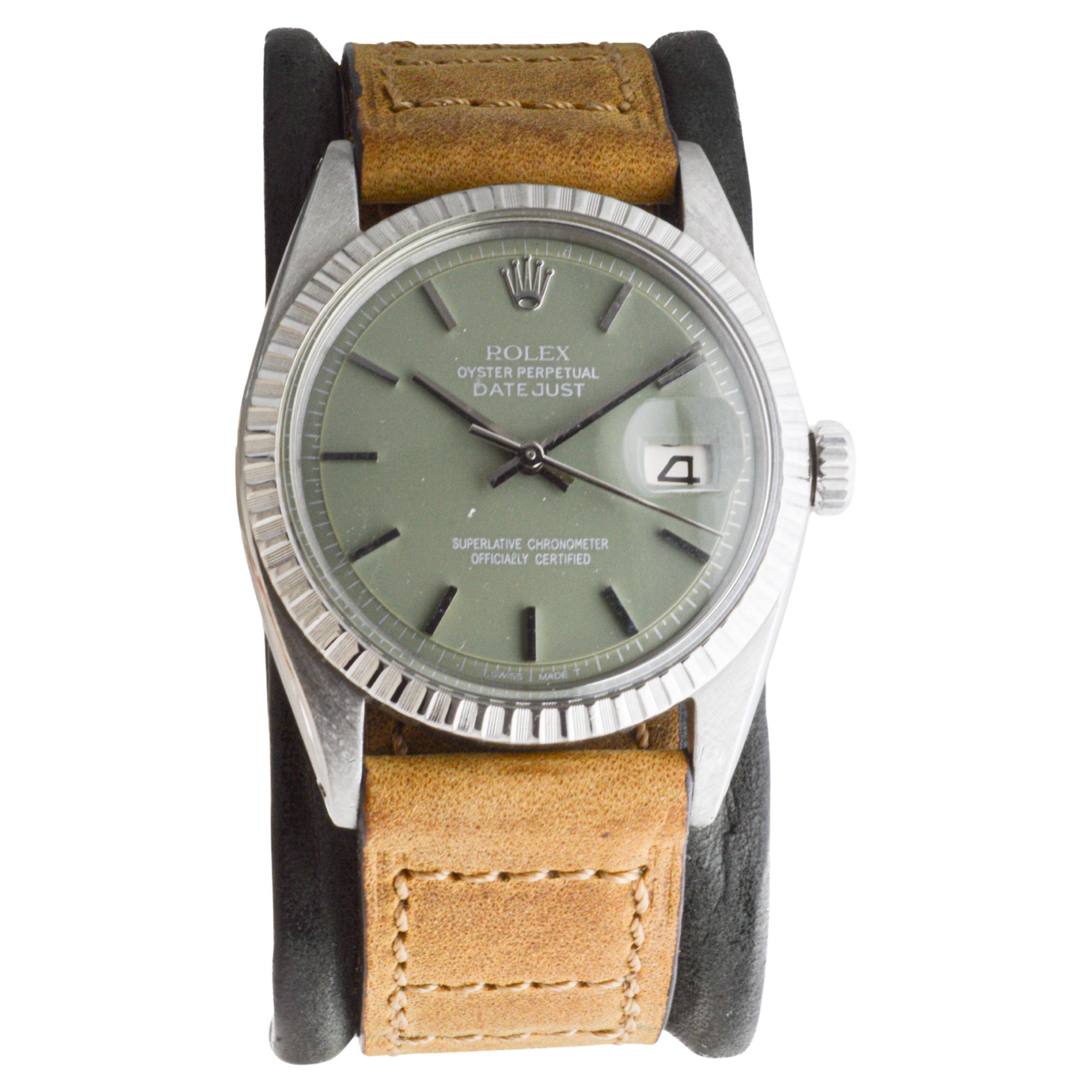 Women's or Men's Rolex Stainless Steel Datejust with Custom Made Sage Green Dial 1960's For Sale