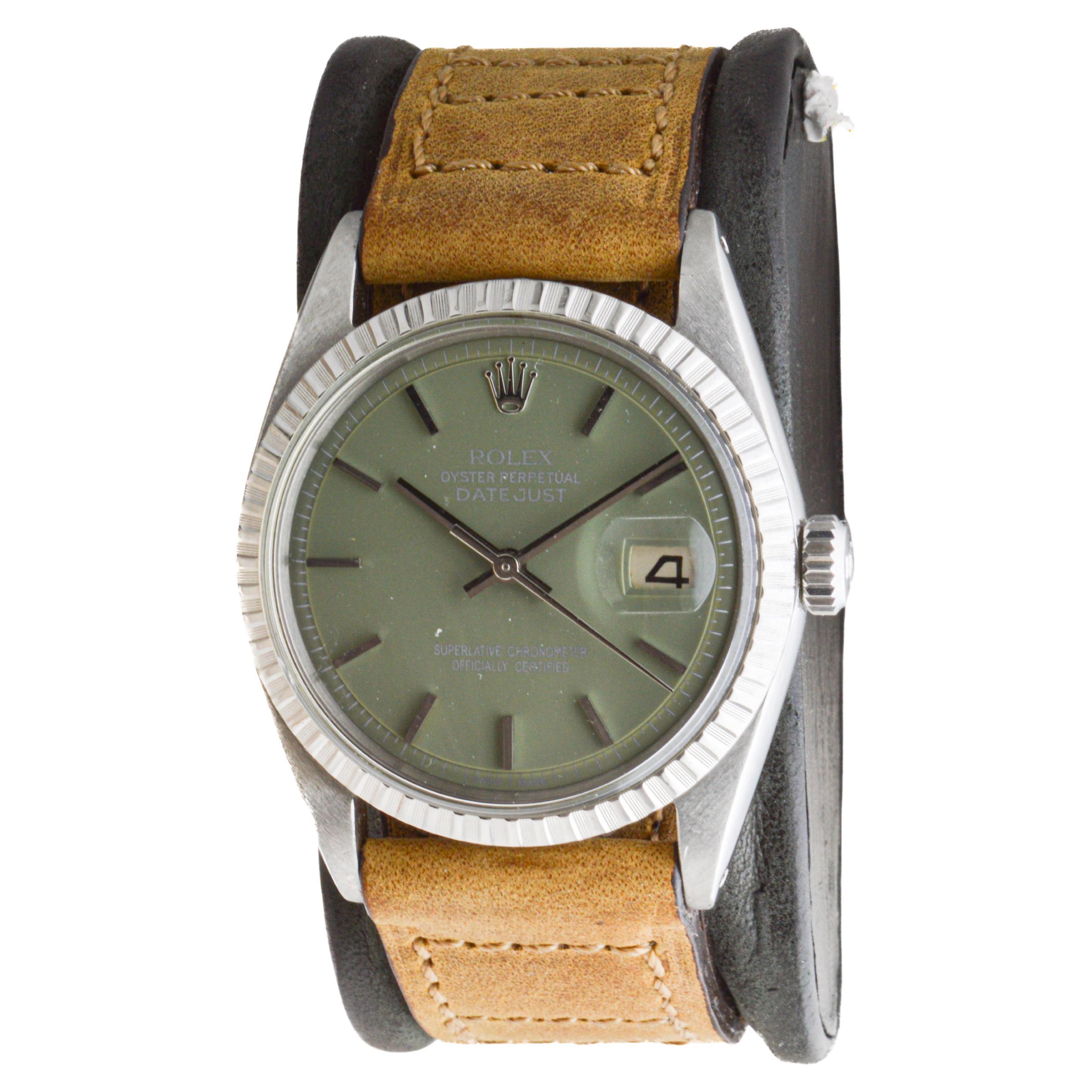 Rolex Stainless Steel Datejust with Custom Made Sage Green Dial 1960's For Sale 1