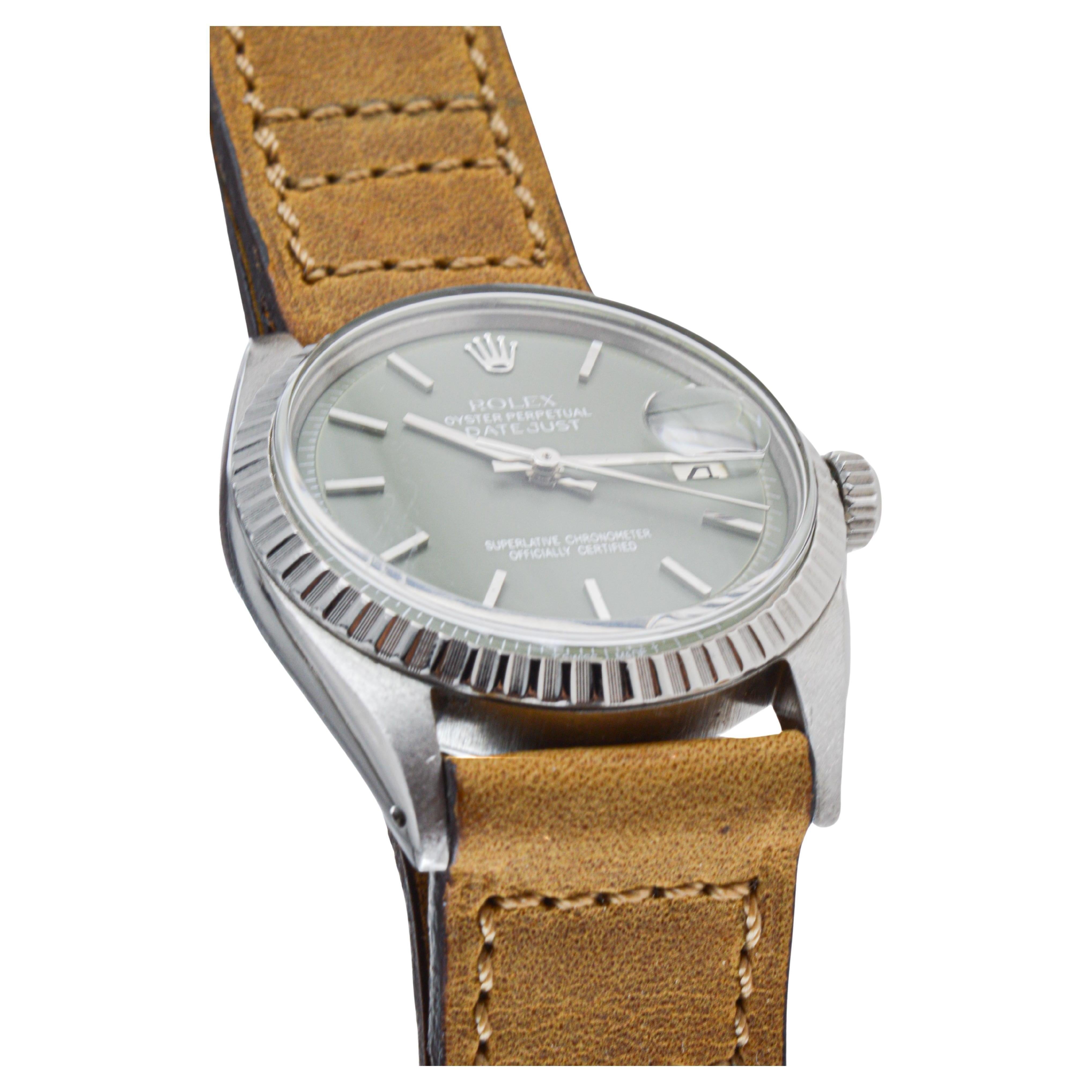 Rolex Stainless Steel Datejust with Custom Made Sage Green Dial 1960's For Sale 3