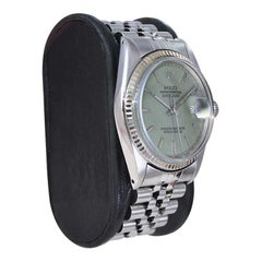 Rolex Edelstahl Datejust mit maßgefertigtem salbeigrünem Zifferblatt 1960er oder 70er Jahre