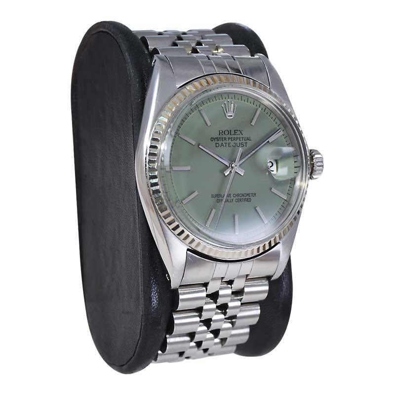 Moderne Rolex Montre Datejust en acier inoxydable avec cadran vert sauge fait sur-mesure, années 1960 ou 1970 en vente