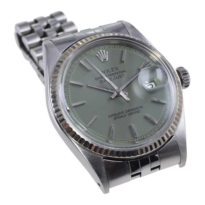 Modern Rolex Stainless Steel Datejust with Custom Made Sage Green Dial 1960s or 70s For Sale
