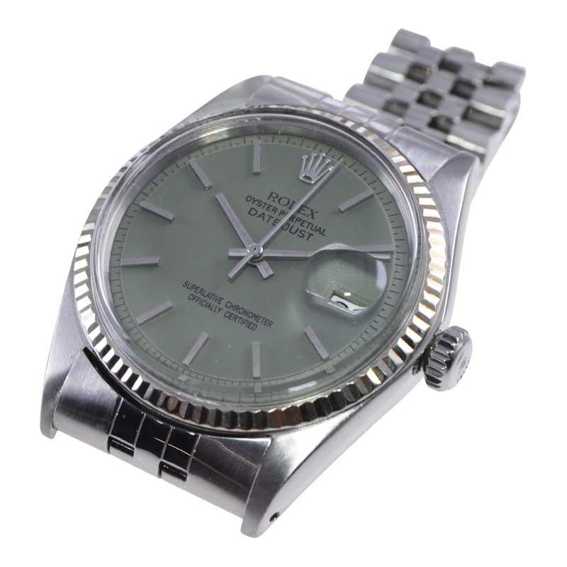 Rolex Stainless Steel Datejust with Custom Made Sage Green Dial 1960s or 70s In Excellent Condition For Sale In Long Beach, CA