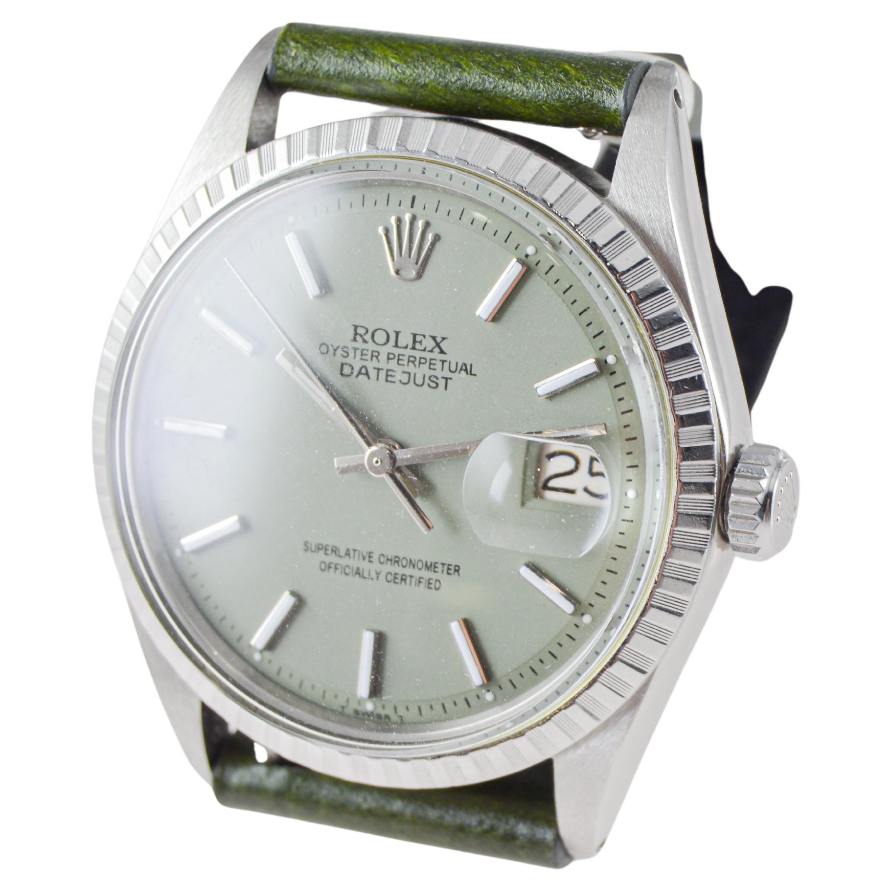 Rolex Datejust in acciaio inossidabile con quadrante verde salvia personalizzato, circa anni '70 in vendita 7