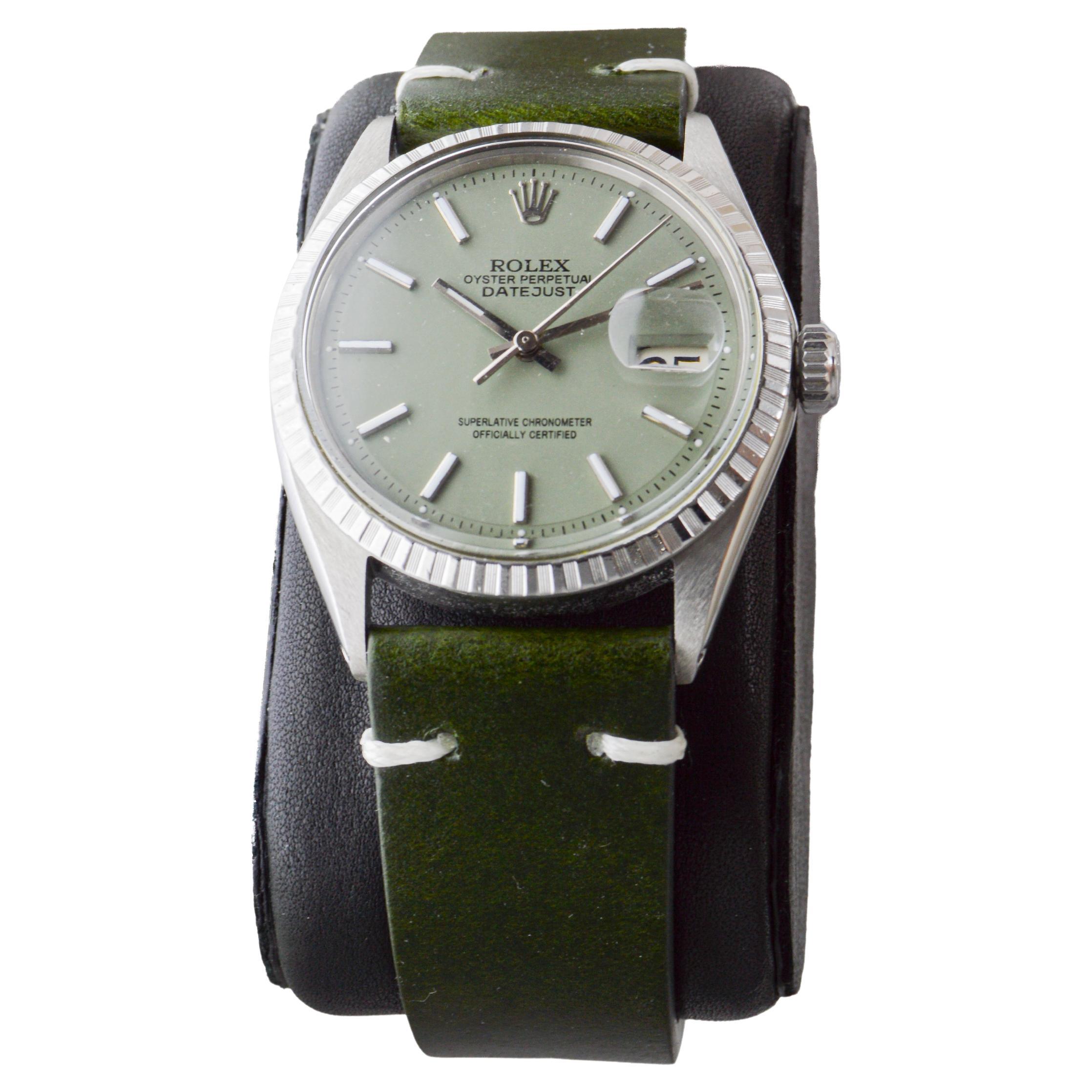 da uomo o donna Rolex Datejust in acciaio inossidabile con quadrante verde salvia personalizzato, circa anni '70 in vendita