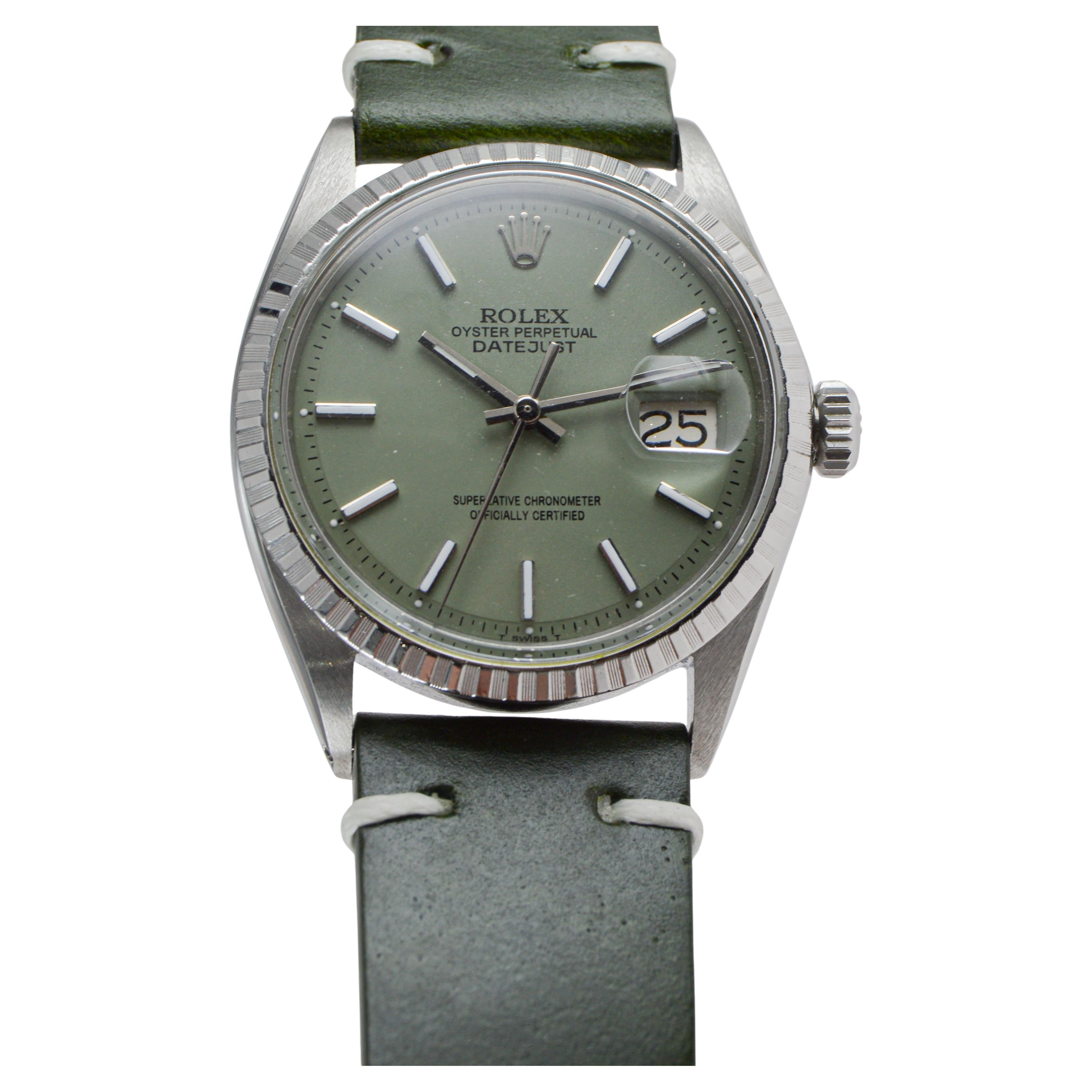 Rolex Datejust in acciaio inossidabile con quadrante verde salvia personalizzato, circa anni '70 in vendita 3