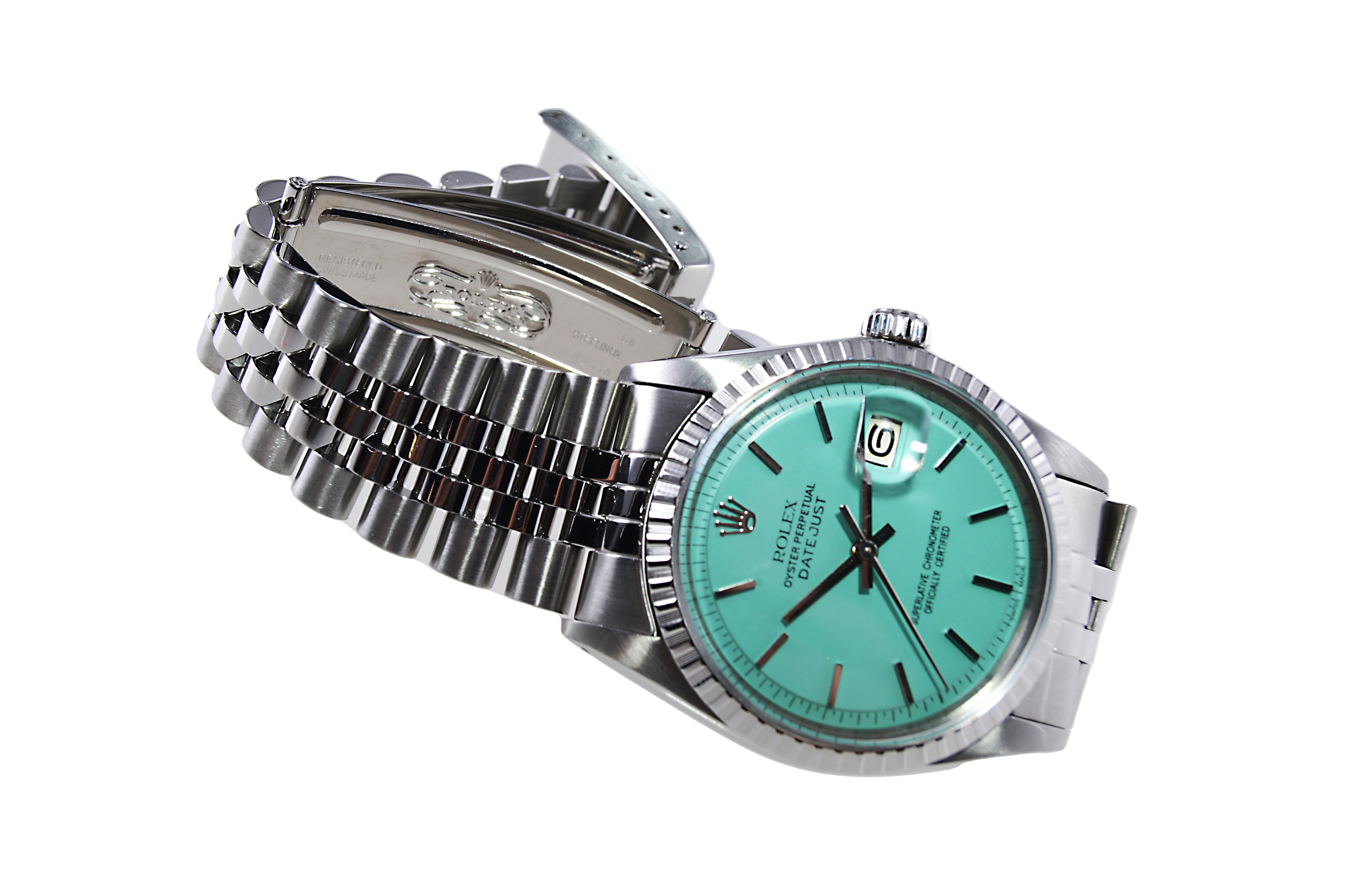 Rolex Stainless Steel Datejust with Custom Made Tiffany Blue Dial, circa 1960s For Sale 3