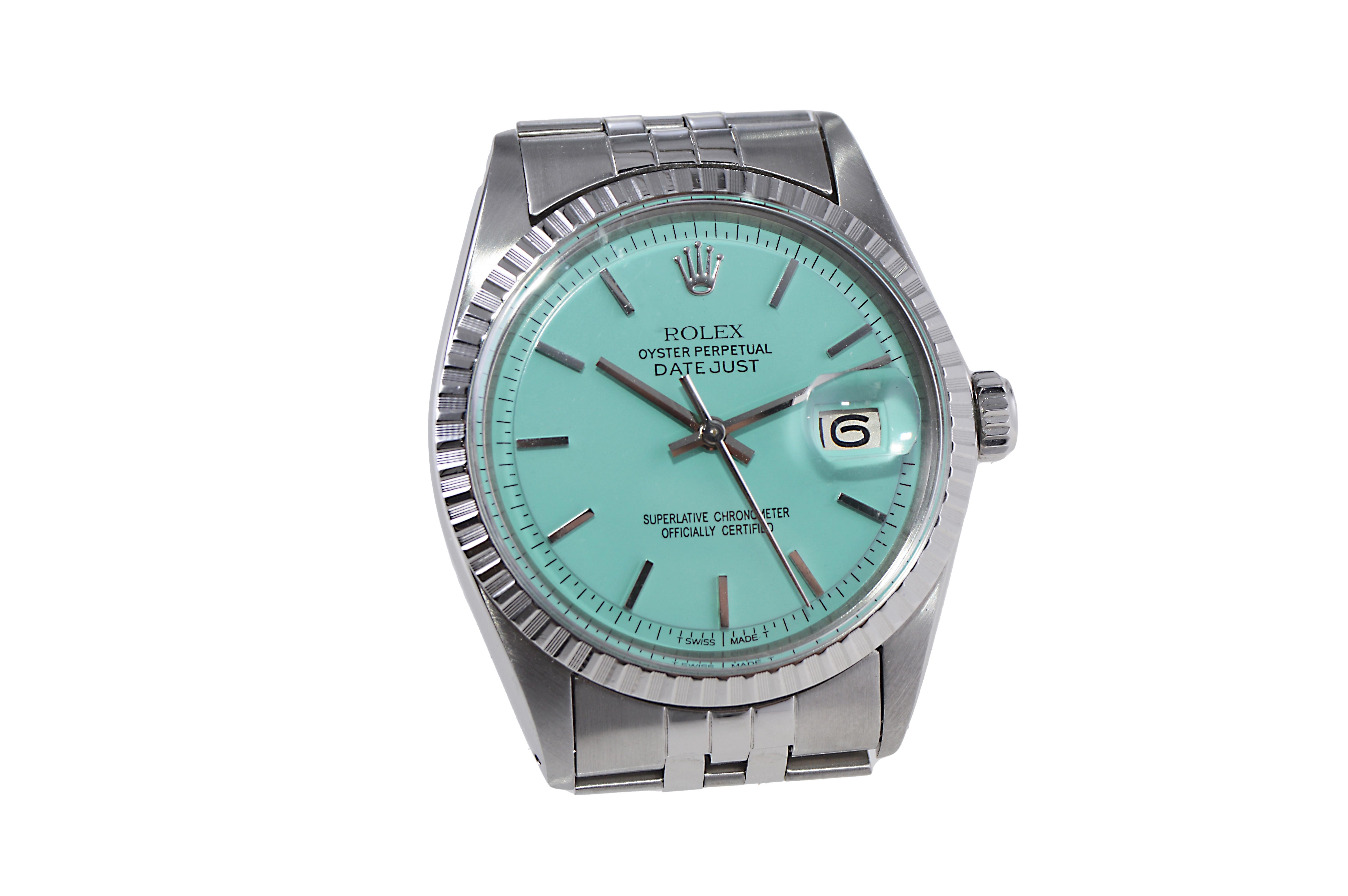Modern Rolex Stainless Steel Datejust with Custom Made Tiffany Blue Dial, circa 1960s For Sale