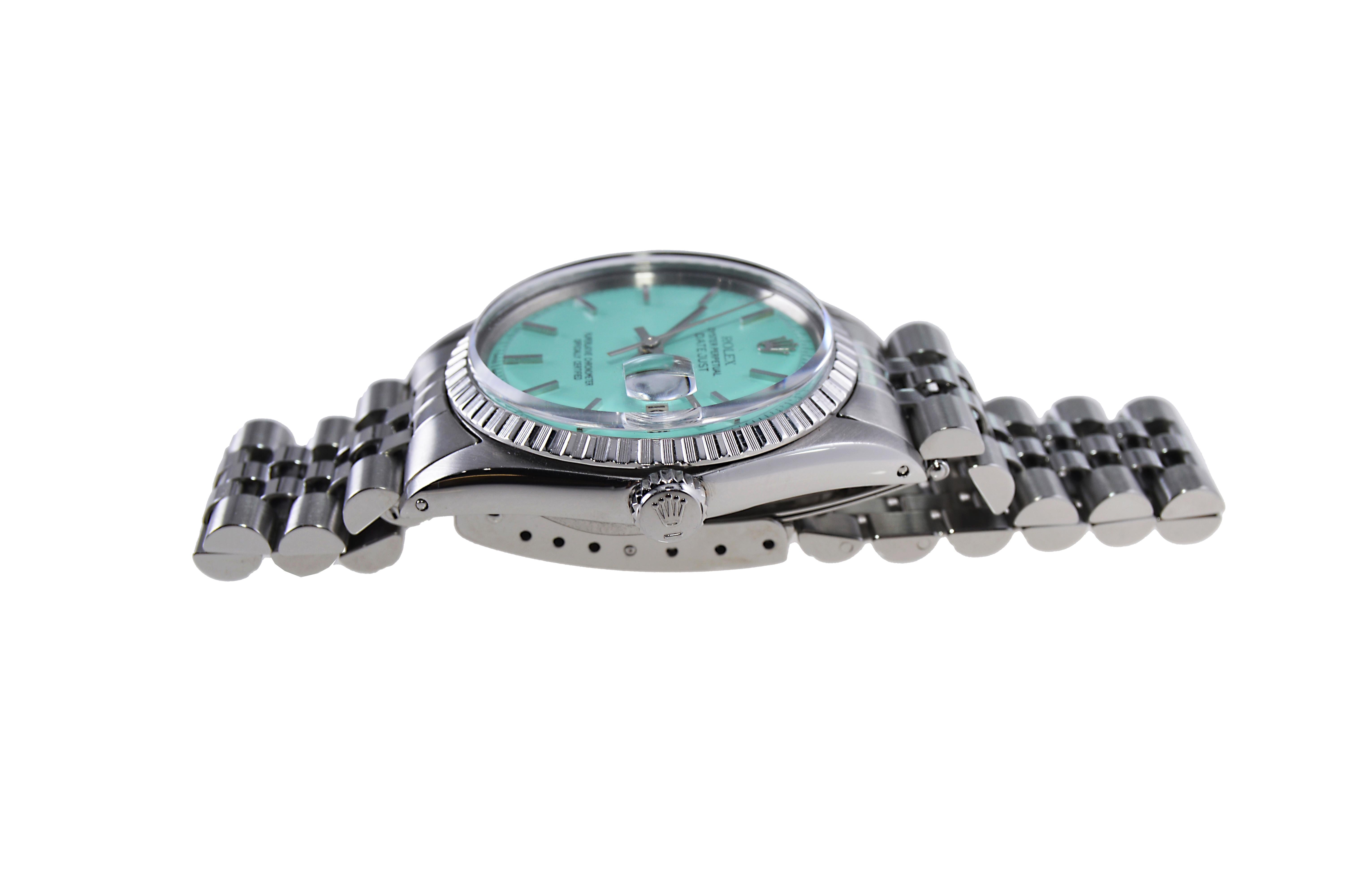 Rolex Stainless Steel Datejust with Custom Made Tiffany Blue Dial, circa 1960s For Sale 1