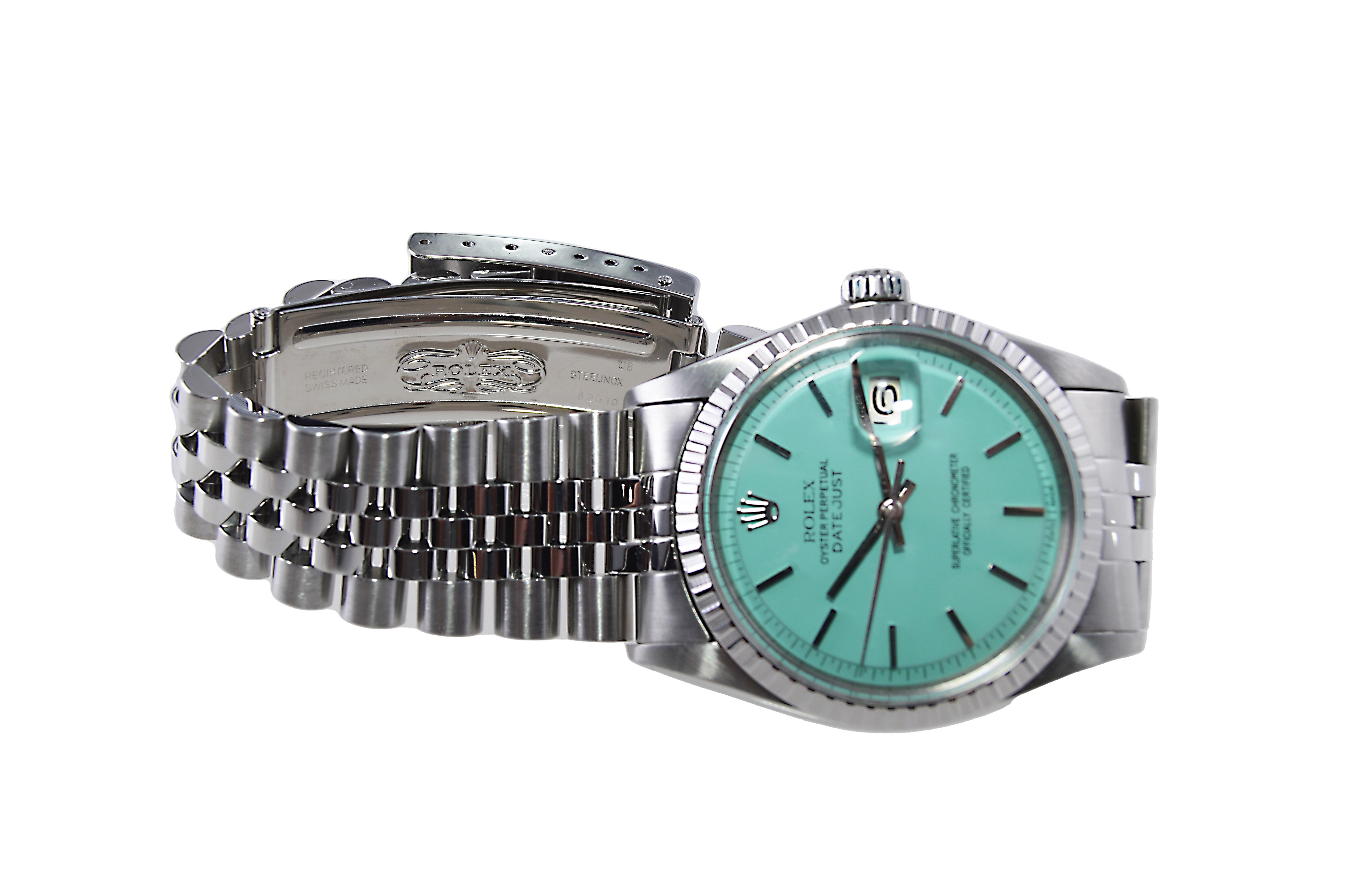 Rolex Montre Datejust en acier inoxydable avec cadran bleu Tiffany fait sur-mesure, années 1970 en vente 8